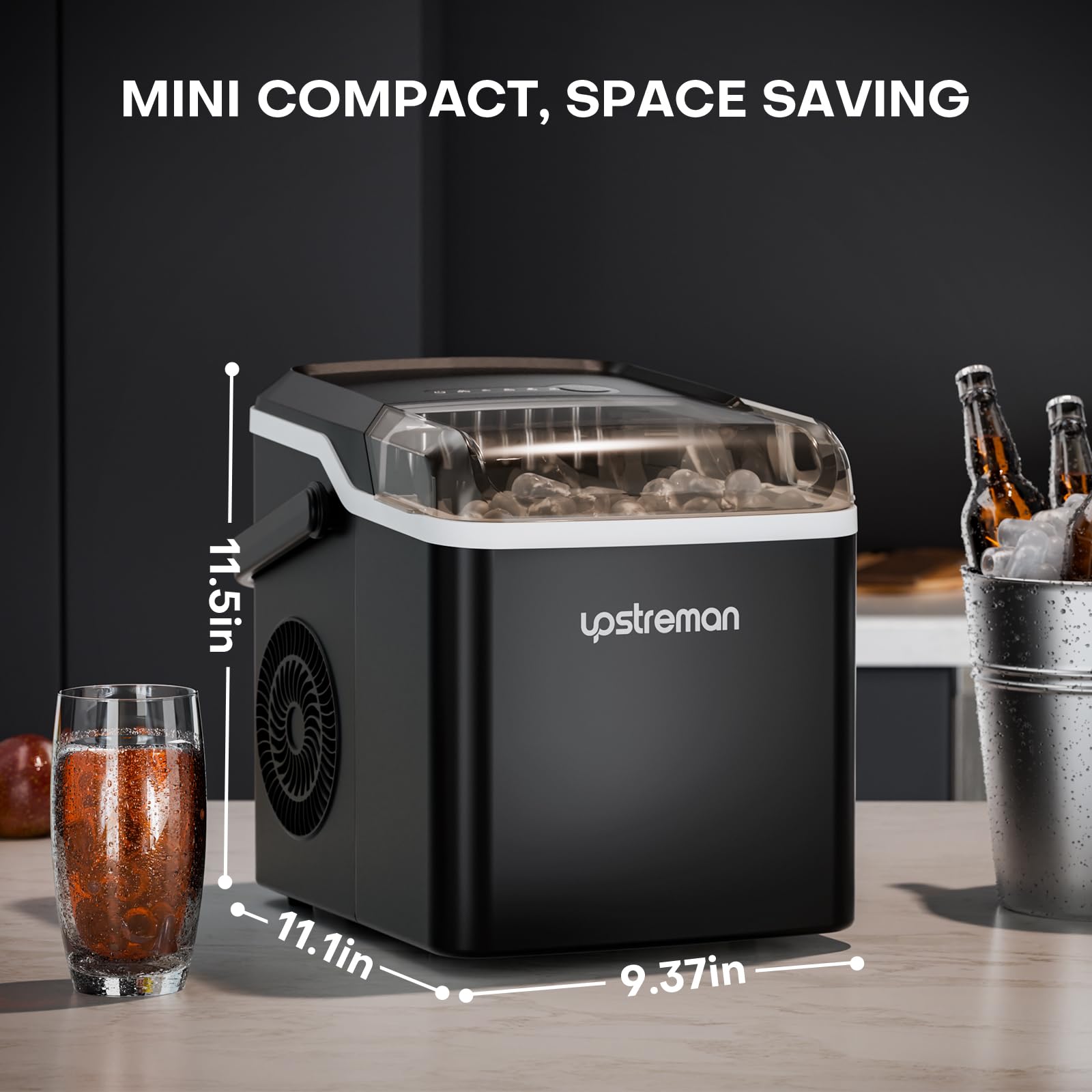 Upstreman Y90 Portable Countertop Ice Maker Machine - Self-Cleaning, 26Lbs/Day Capacity, Makes 9 Bullet Ice Cubes in 6 Minutes - Perfect for Home Kitchen, Office, RV, Camping & Outdoor Parties