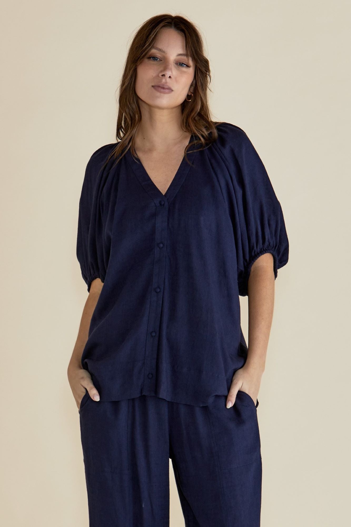 Betty Basics Asher Blouse for Women - Dark Blue Long Sleeve Casual Shirt | Perfect for Office Wear, Date Night & Everyday Outfits
