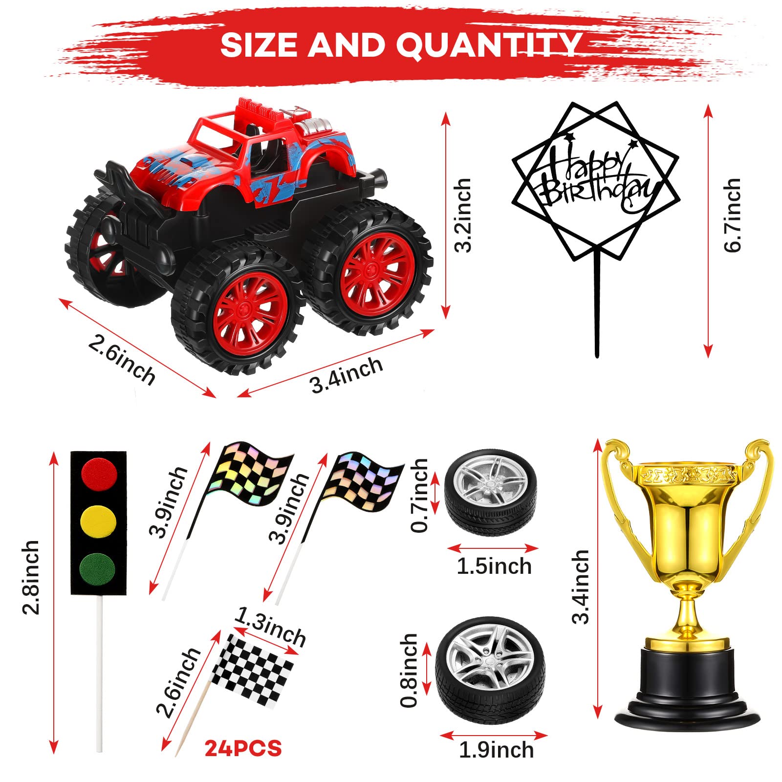 30 Pcs Monster Truck Cake Toppers - Race Car & Blaze Truck Cupcake Decorations for Kids Birthday Party, Baby Shower, Themed Cakes - Red (Perfect for Birthday Cakes, Cupcakes, Dessert Tables & Party Decorations)