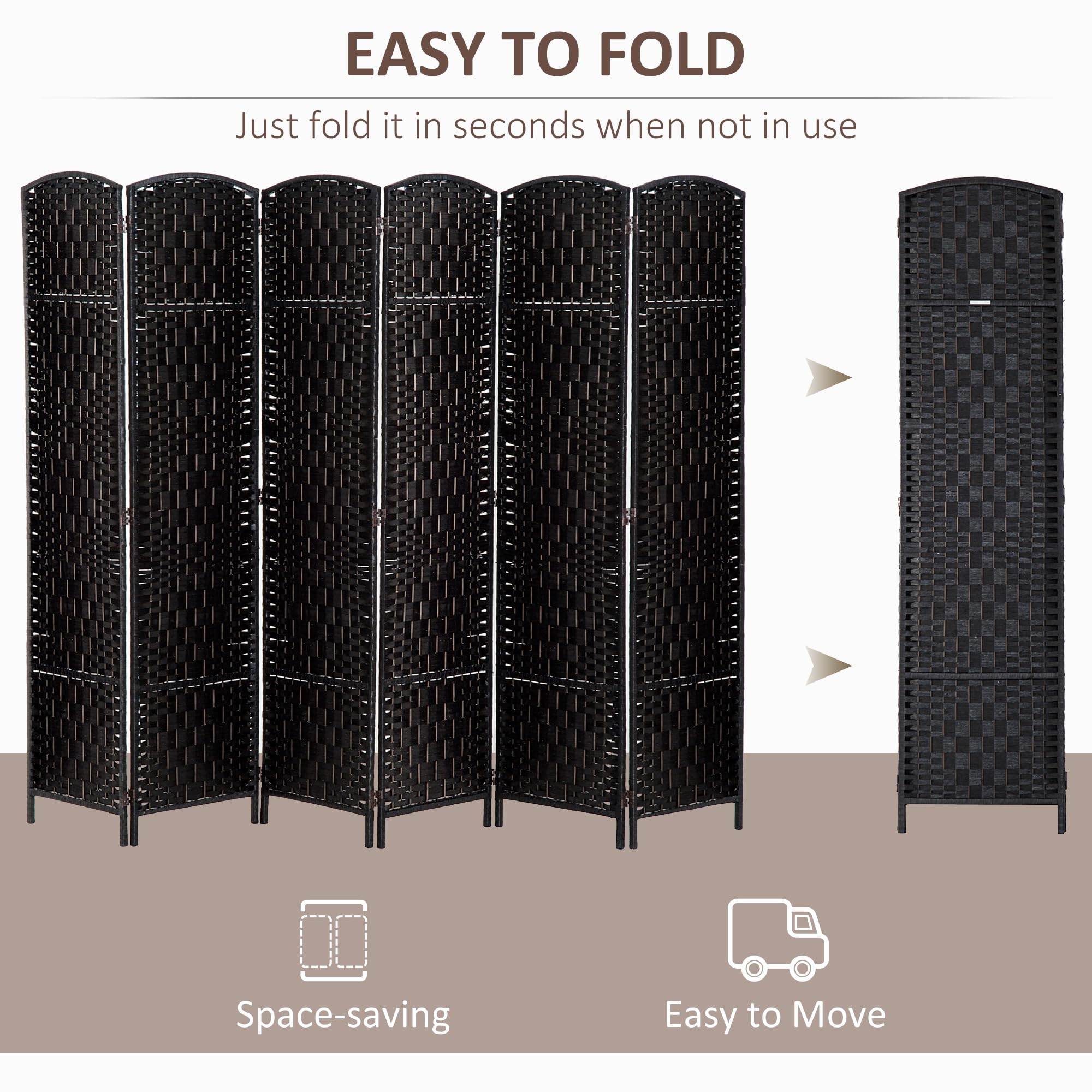 HOMCOM 6 Panel Folding Room Divider Privacy Screen - 6FT Tall Portable Wicker Weave Partition Wall for Bedroom, Home Office, Living Room - Black | Space Separator for Privacy, Room Organization & Home Decor