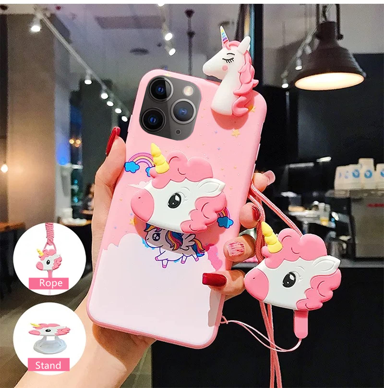 Unicorn iPhone 12 Pro Max Case 6.7 Inch with String Rope & Kickstand - 3D Cartoon Cute Elastic Protective Cover for Kids Girls Women - Perfect for School, Work & Daily Use (Pink)