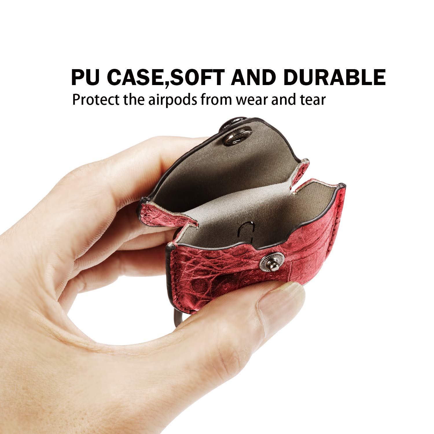 Leather AirPods 1/2 Charging Case Cover with Secure Snap-Fastener - Compatible with Apple AirPods 1st & 2nd Generation (Red) | Perfect for Travel, Gym & Daily Protection