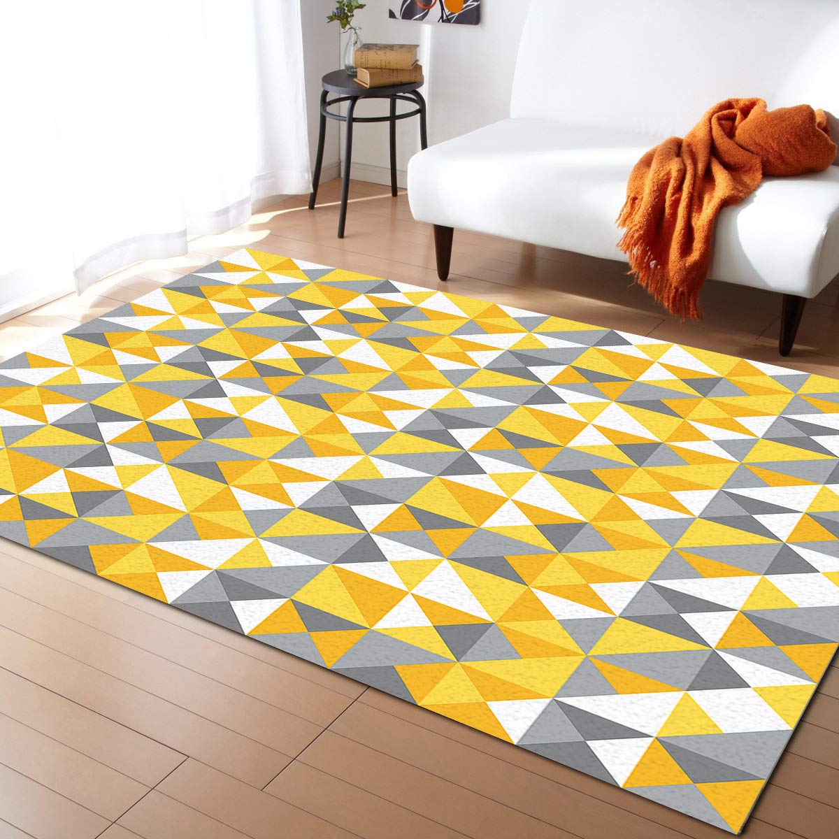 ARTSHOWING Modern Geometric Area Rug 5' x 8' - Non-Slip Triangle Pattern Mosaic Design in Yellow & Grey - Durable Floor Carpet for Living Room, Bedroom & Kids Room - Perfect for Home Decor, Family Gatherings and Cozy Everyday Use