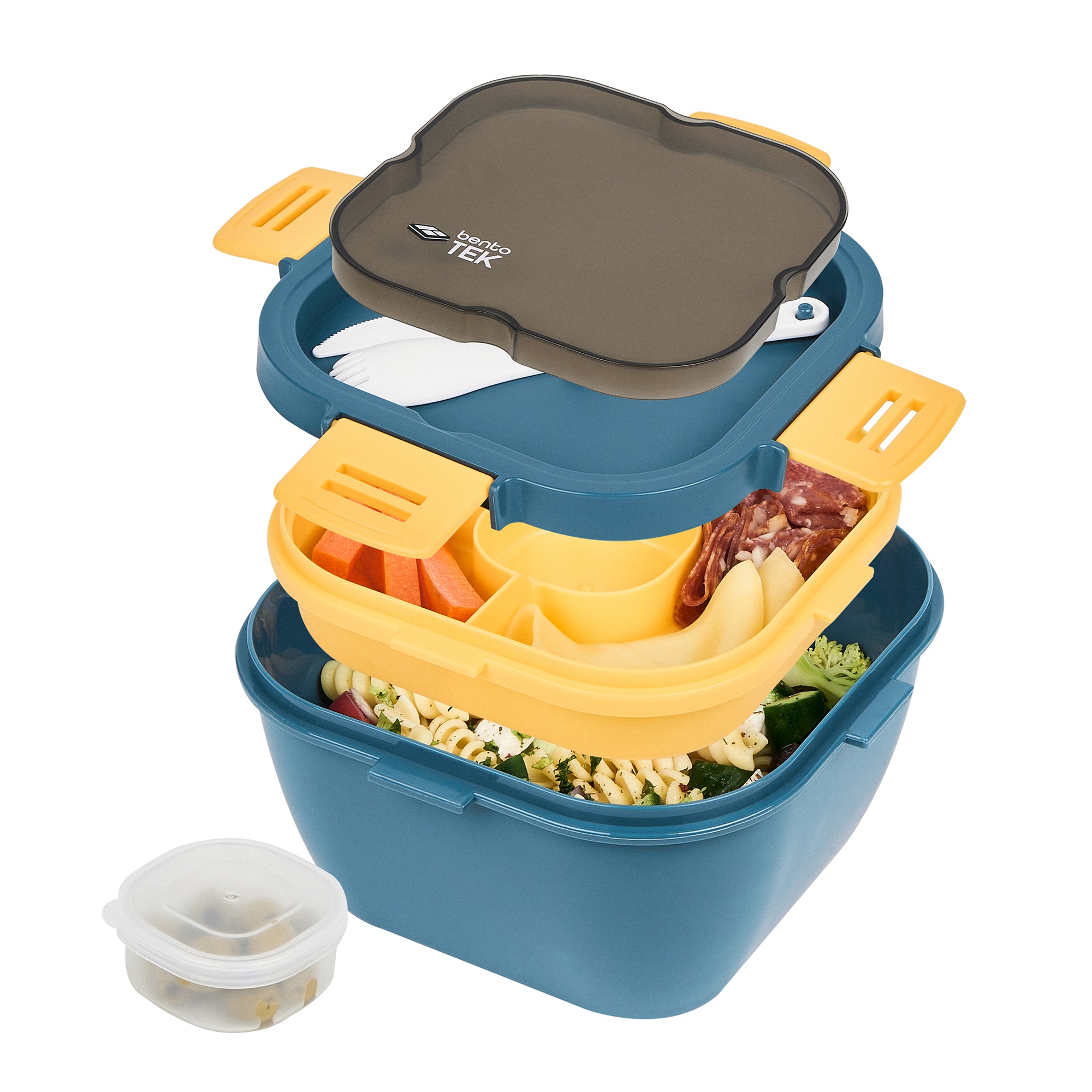 Bento Tek 58 oz BPA Free Lunch Box - Blue & Yellow Microwave Safe Food Container with Fork & Knife (7.25