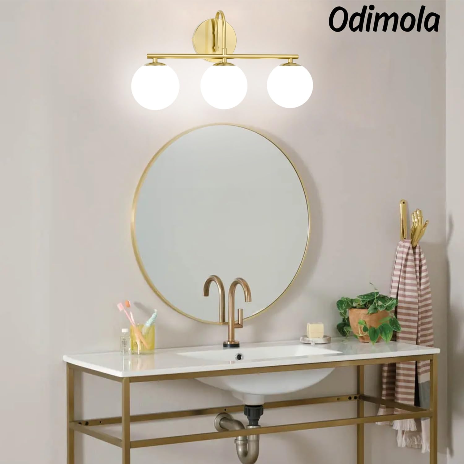 Modern Gold Bathroom Vanity Lights - 3-Light Brushed Gold Wall Sconces with Globe Glass Shade for Mirror Lighting | Waterproof Bathroom Fixtures for Home & Hotel Decor