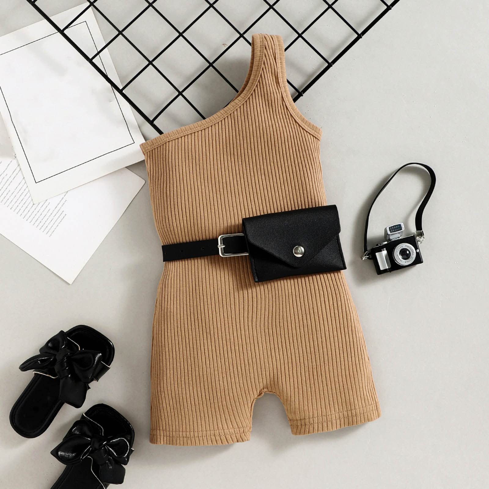 Baby Girl Romper - Summer Sleeveless Off-Shoulder Jumpsuit with Ribbed Design & Waist Belt | Cute Outfit for Toddler Girls | Perfect for Beach, Playdates & Family Photos