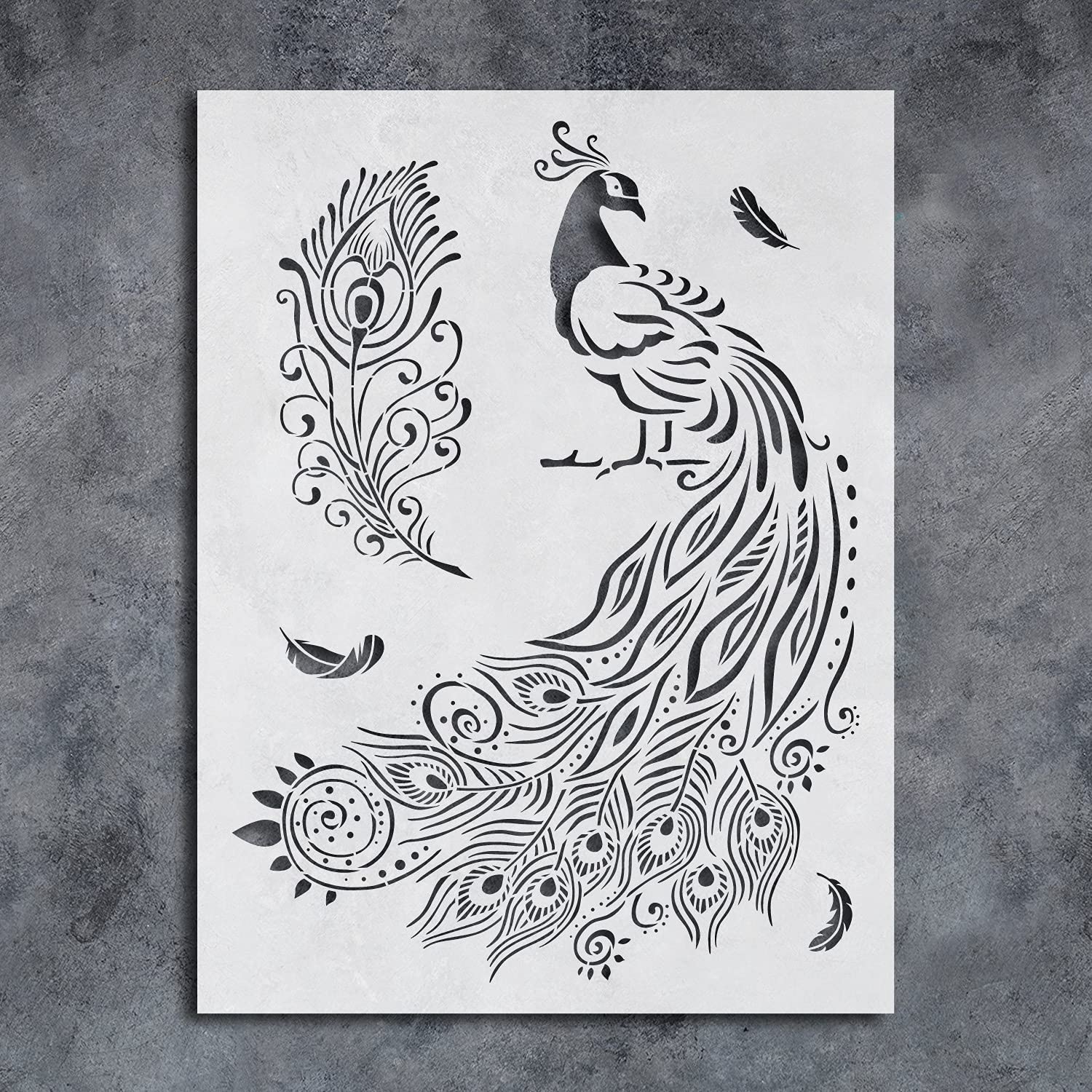GSS Designs Peacock Stencil Template 8.3x11.7 Inch - Reusable Painting Stencils for Wood, Paper, Fabric, Walls - DIY Art Craft Feather Stencils for Scrapbooking, Home Decor & Wall Art Projects