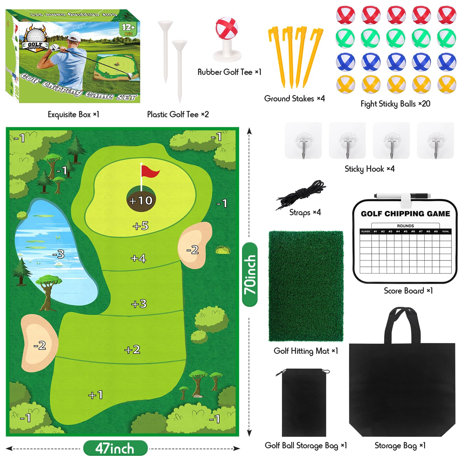 Double-Sided Chipping Golf Game Set with Practice Mats & 20 Balls - Backyard & Indoor Outdoor Family Fun Game for Adults & Kids - Perfect for Parties, Picnics, and Backyard Entertainment