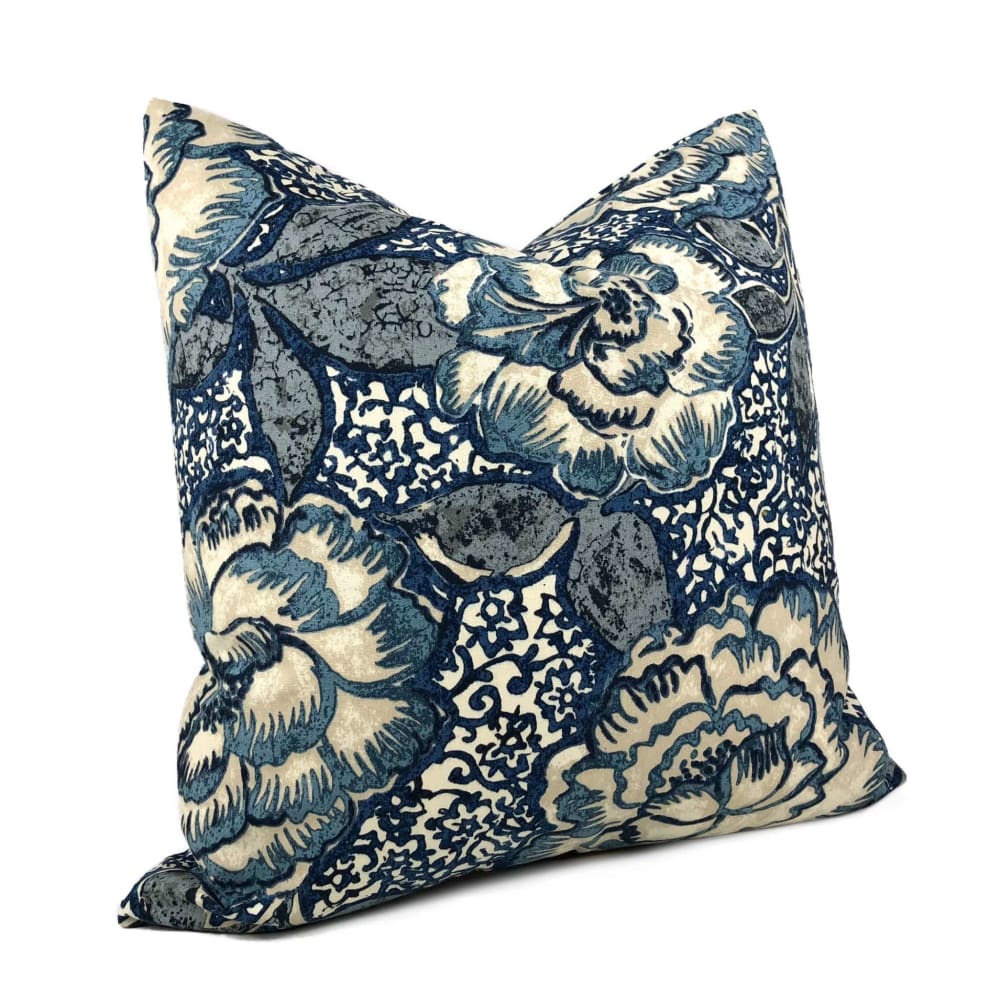 Robert Allen Peony Bloom Indigo Blue Beige Floral Cotton Print Pillow Cover - Decorative Throw Pillow Case for Sofa, Bedroom & Living Room - 18x18 Inches Home Decor Accent