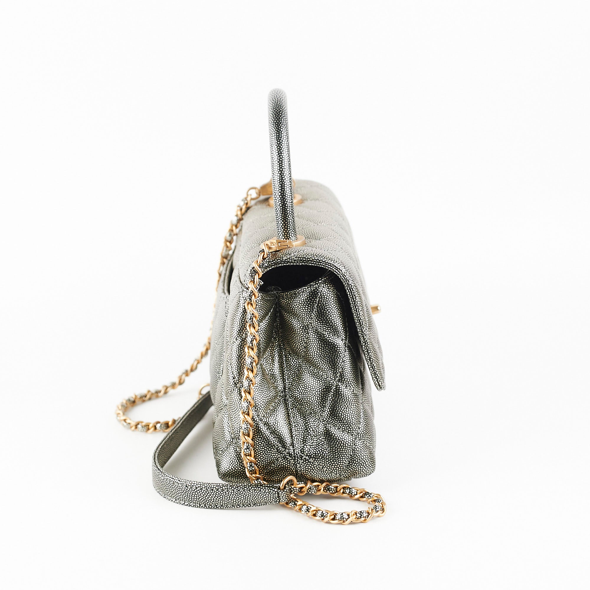 Chanel Small Coco Handle Bag in Metallic Silver - Luxury Crossbody Purse for Women | Perfect for Evening Parties, Date Nights & Special Occasions