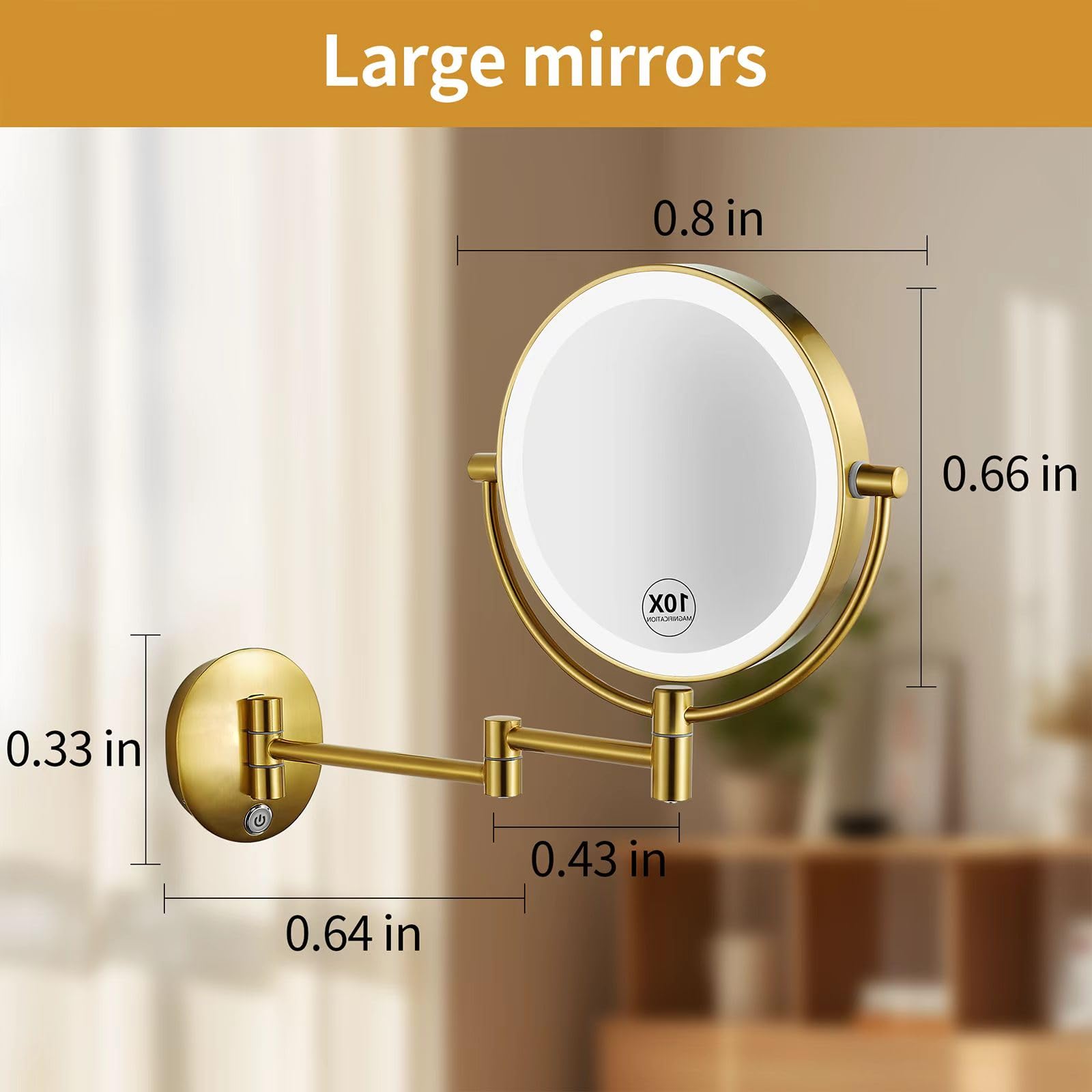 10X Magnifying Wall Mounted Makeup Mirror - 8 Inch Double Sided Vanity Mirror with LED Lights, USB Rechargeable, Touch Control (Antique Brass) - Perfect for Bathroom, Bedroom & Dressing Room Makeup Application