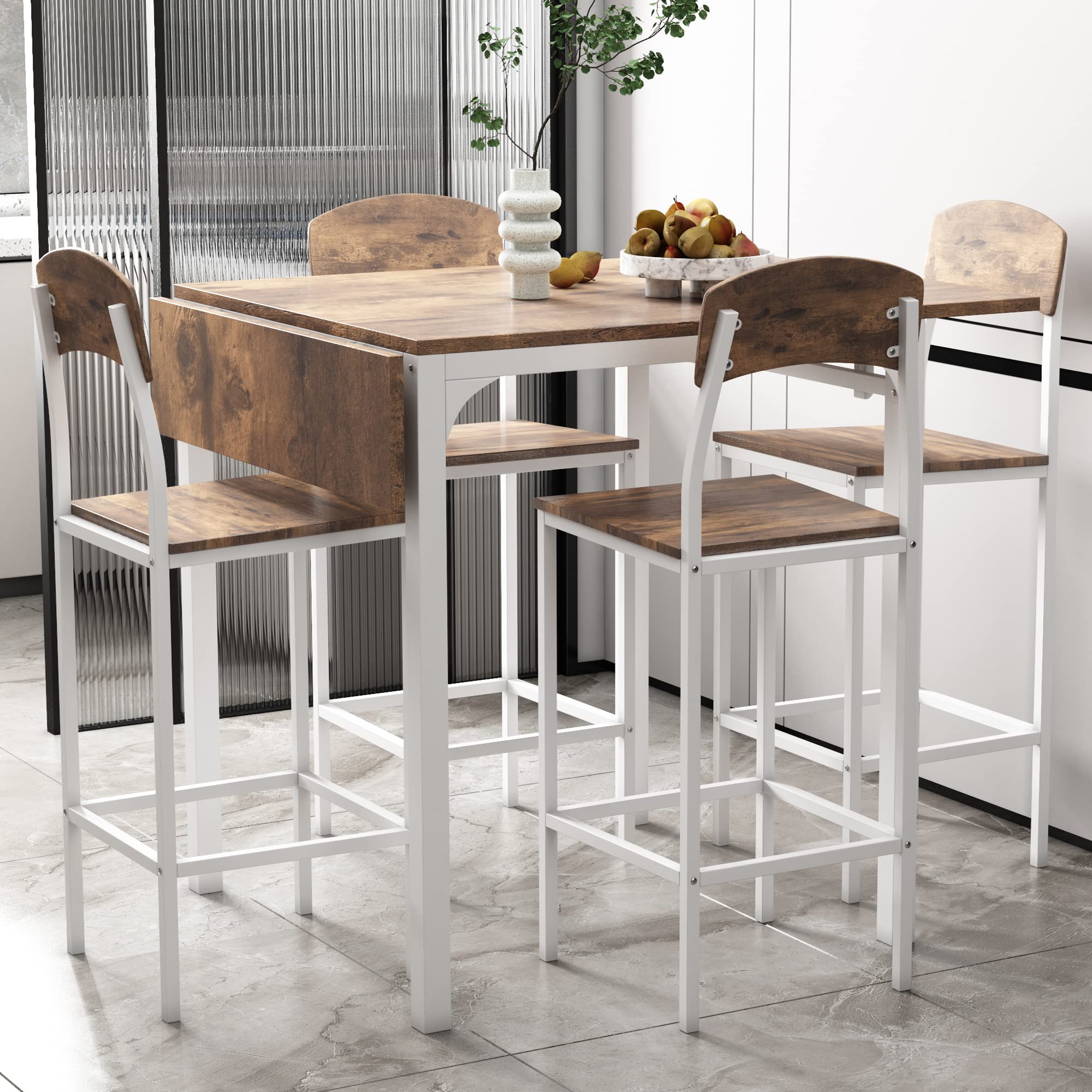 Farmhouse 5-Piece Counter Height Dining Table Set with Drop Leaf & 4 Chairs - Rustic White & Brown Kitchen Furniture for Small Spaces, Breakfast Nooks & Cozy Family Meals