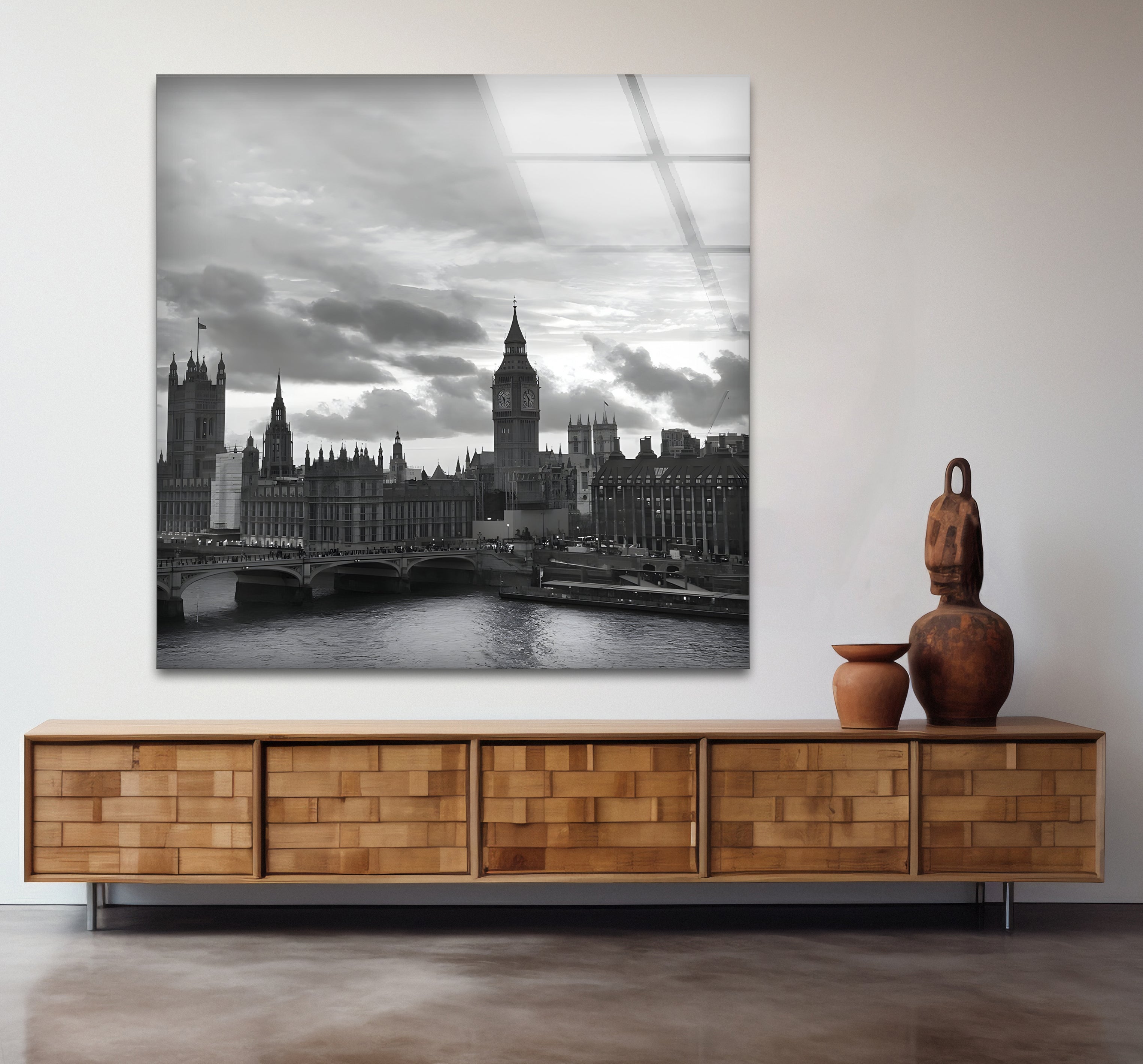 Black and White London Skyline Glass Wall Art - Elegant Cityscape Decor for Living Room, Office & Home