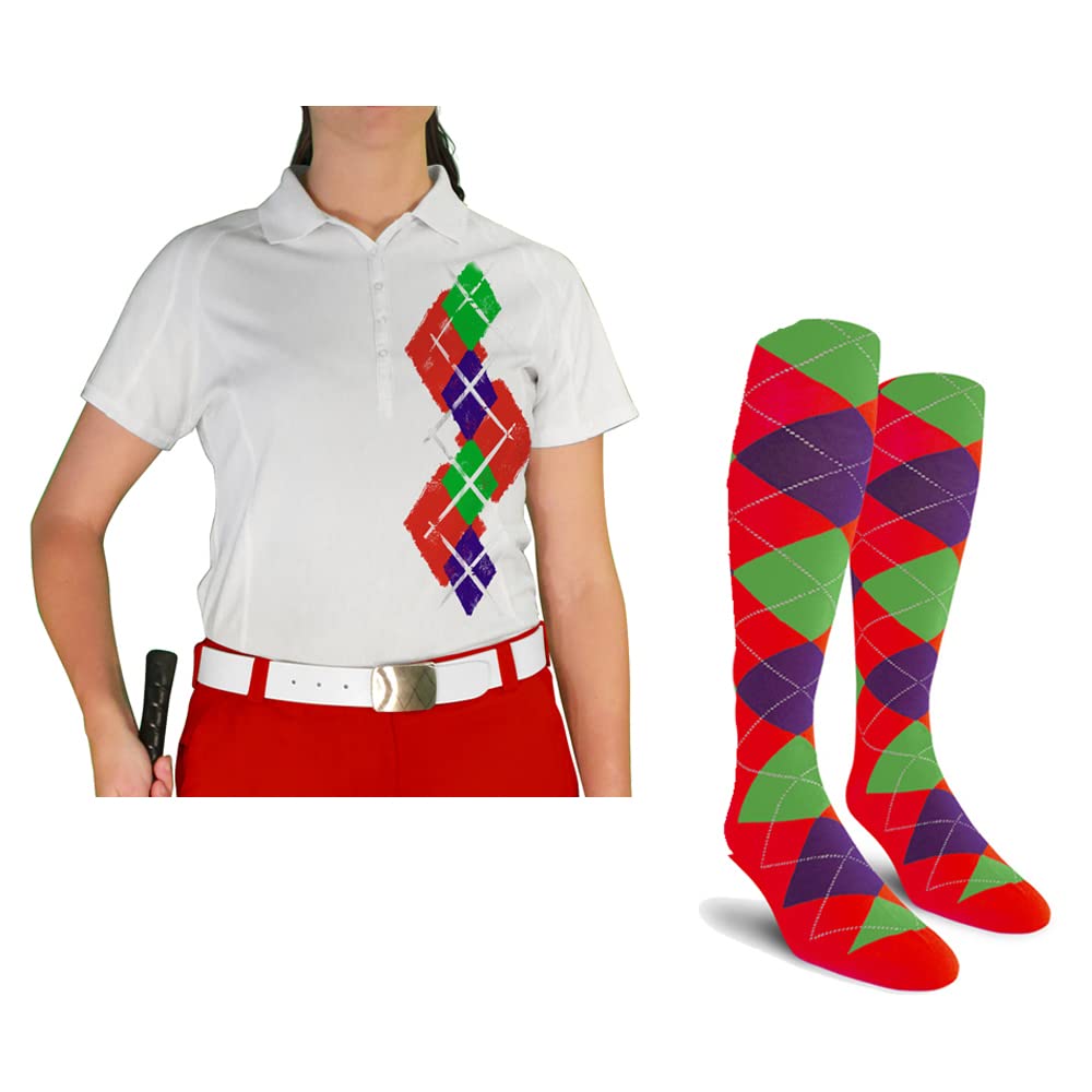 **Dry Fit Short Sleeve Graphic Golf Polo Shirt for Women with Matching Socks - Argyle Paradise Design (Sizes 5A-5Z) | Breathable & Moisture-Wicking for Golf, Tennis & Casual Wear**