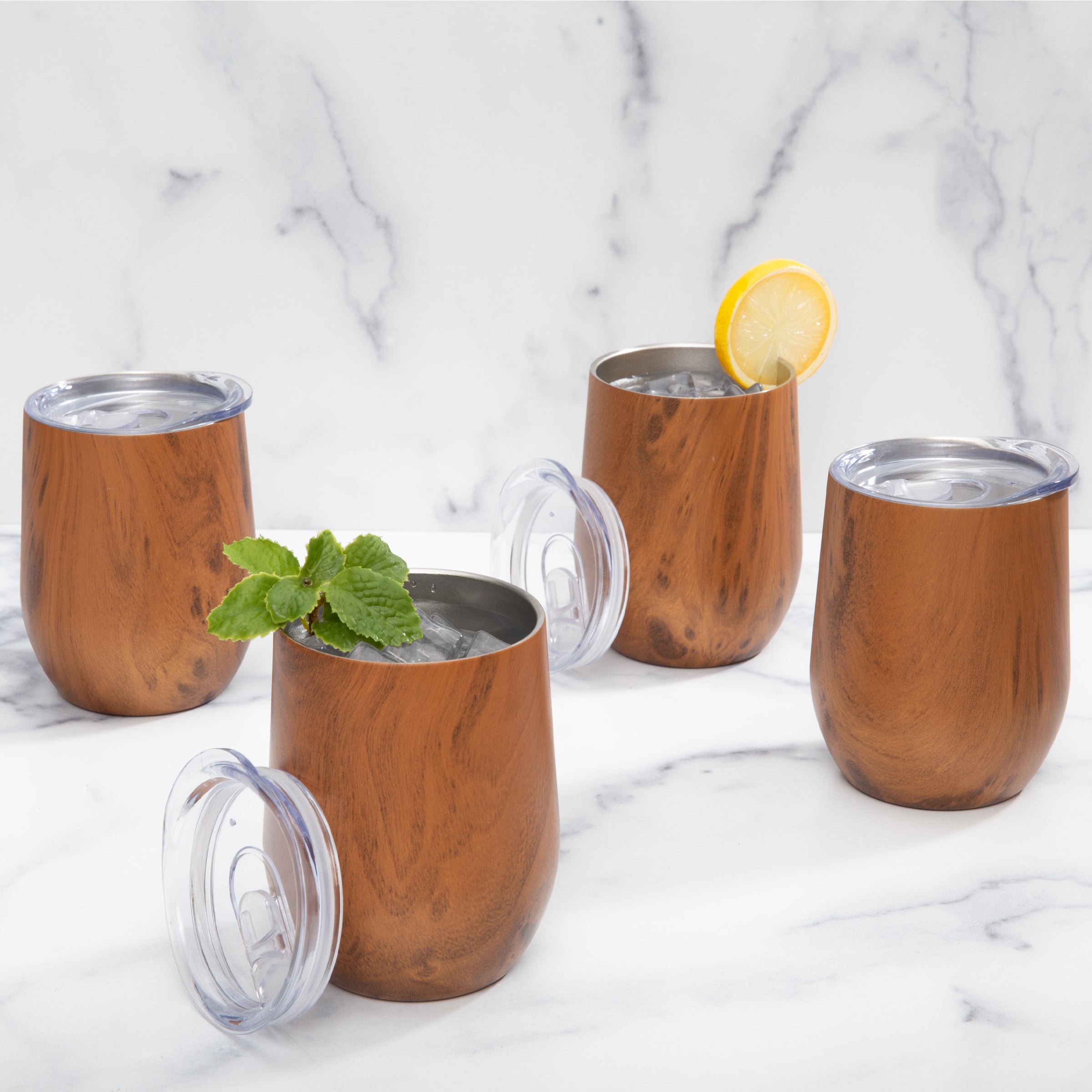 Premium Insulated Woodgrain Wine Tumblers Set of 4 - Stainless Steel Double Wall Vacuum Cups for Red/White Wine, Cocktails & Iced Coffee - Perfect for Parties, Picnics & Outdoor Entertaining
