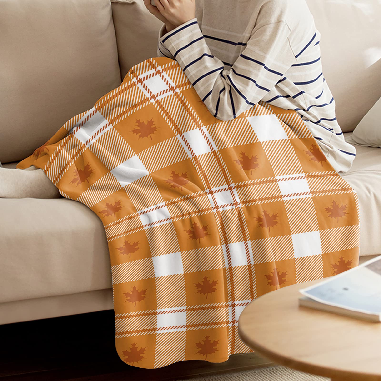 Smile Sunflower Flannel Fleece Blanket 49x59 Inch - Soft Cozy Throw Blanket for Bed, Couch & Sofa - Fall Maple Leaves Orange Plaid Design - Warm Lightweight Blanket for Home, Office, Camping & Gifts