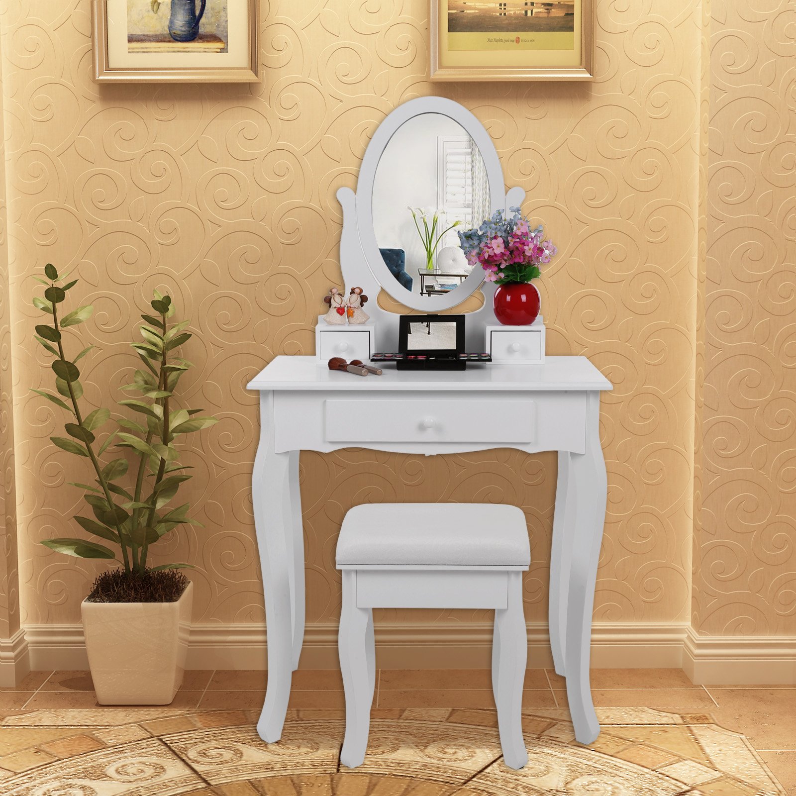 SONGMICS Makeup Vanity Table with 3 Drawers, Oval Mirror & Padded Stool - 70 x 40 x 130 cm Beauty Dressing Table for Bedroom (RDT004) - Perfect for Cosmetics Storage & Getting Ready Area