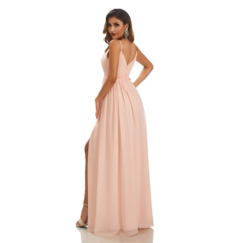 Elegant Pink A-Line Spaghetti Strap V-Neck Side Slit Long Bridesmaid Dress - WG1611 | Perfect for Weddings, Formal Events & Special Occasions