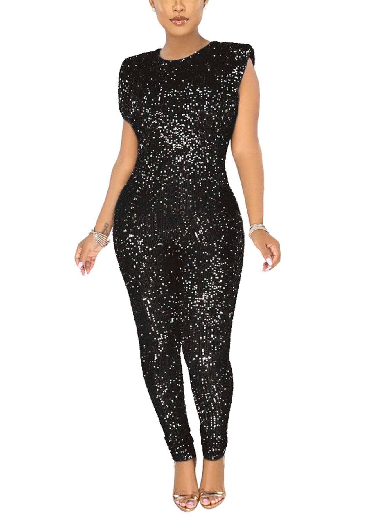 LAJIOJIO Women's Glitter Party Romper - Off Shoulder Sparkly Jumpsuit with High Waist & Wide Leg Pantsuit | Perfect for Bachelorette Parties, Club Nights & Festivals
