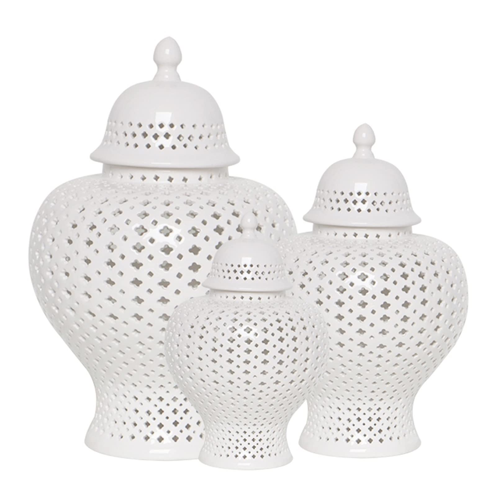 ARTLINE Traditional Chinese Ceramic Ginger Jar with Lid - Handmade White Glossy Carved Lattice Decorative Temple Jar | Carthage Pierced Covered Lantern | Perfect for Home Decor, Wedding Centerpieces & Asian-Inspired Interior Design