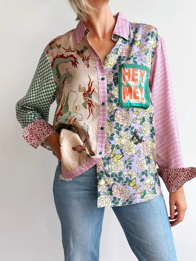 Vintage Graffiti Print Long Sleeve Blouse with Turn Down Collar - Women's Graphic Shirt & Cardigan for Casual Streetwear | Perfect for Urban Fashion, Music Festivals, and Everyday Stylish Outfits