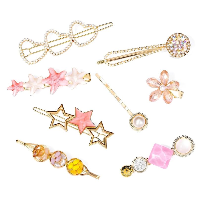 CHRONEX 8-Piece Korean Style Pearl Hair Clips Set - Elegant Metal Barrettes with Plastic Pearls for Women | Hair Accessories for Wedding, Party & Daily Use