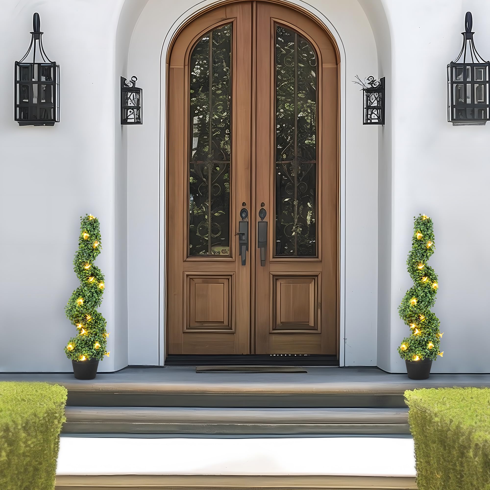 2 Pack 3ft Artificial Boxwood Spiral Topiary Trees with LED Bee Lights - Waterproof UV Resistant Outdoor Indoor Decor for Balcony, Deck, Porch, Garden & Entryway - Includes Sturdy Pot Base for Easy Placement