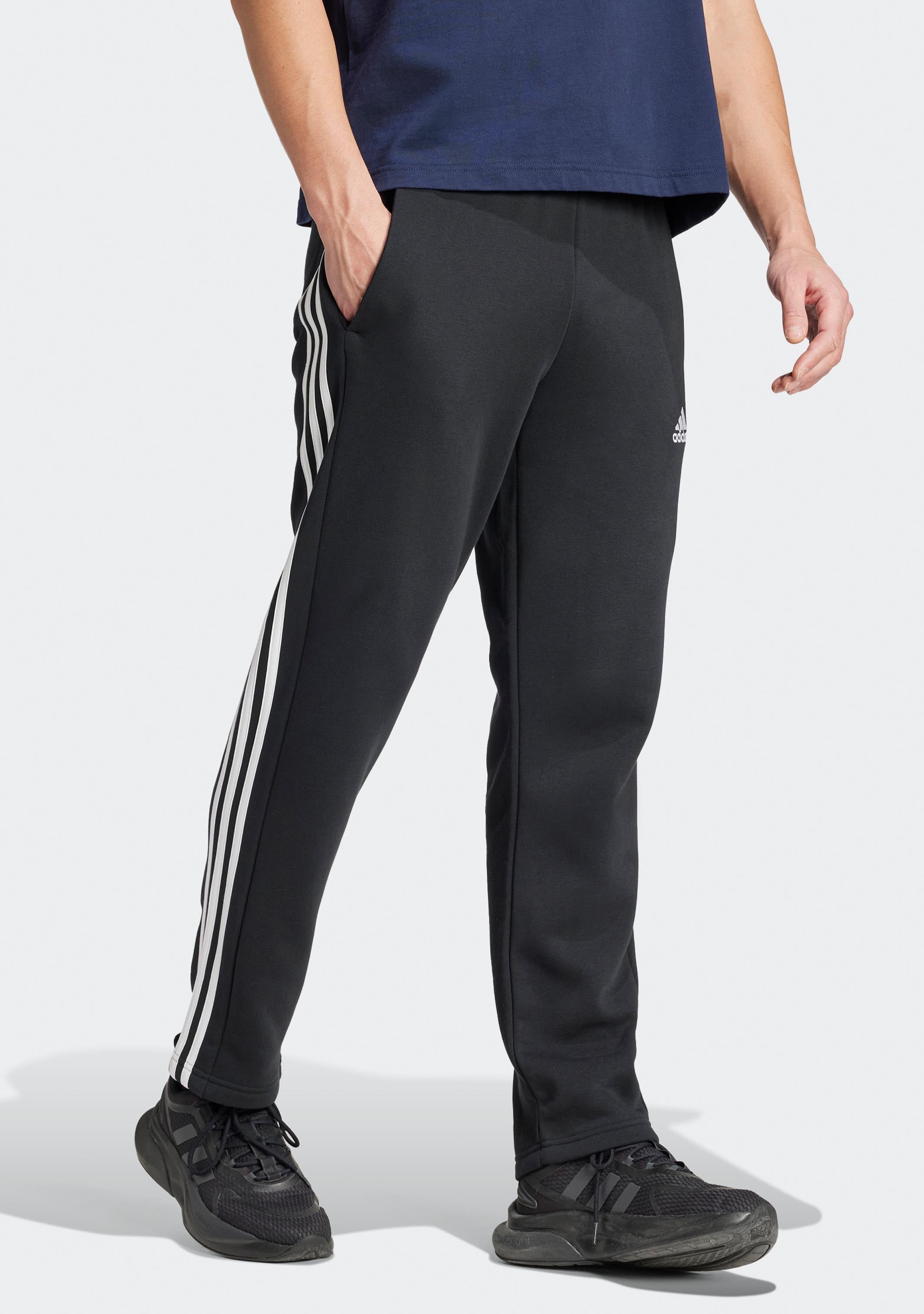 Adidas Men's Essentials 3-Stripes Open Hem Fleece Sweatpants - Comfortable Lounge Pants for Home, Gym & Casual Wear