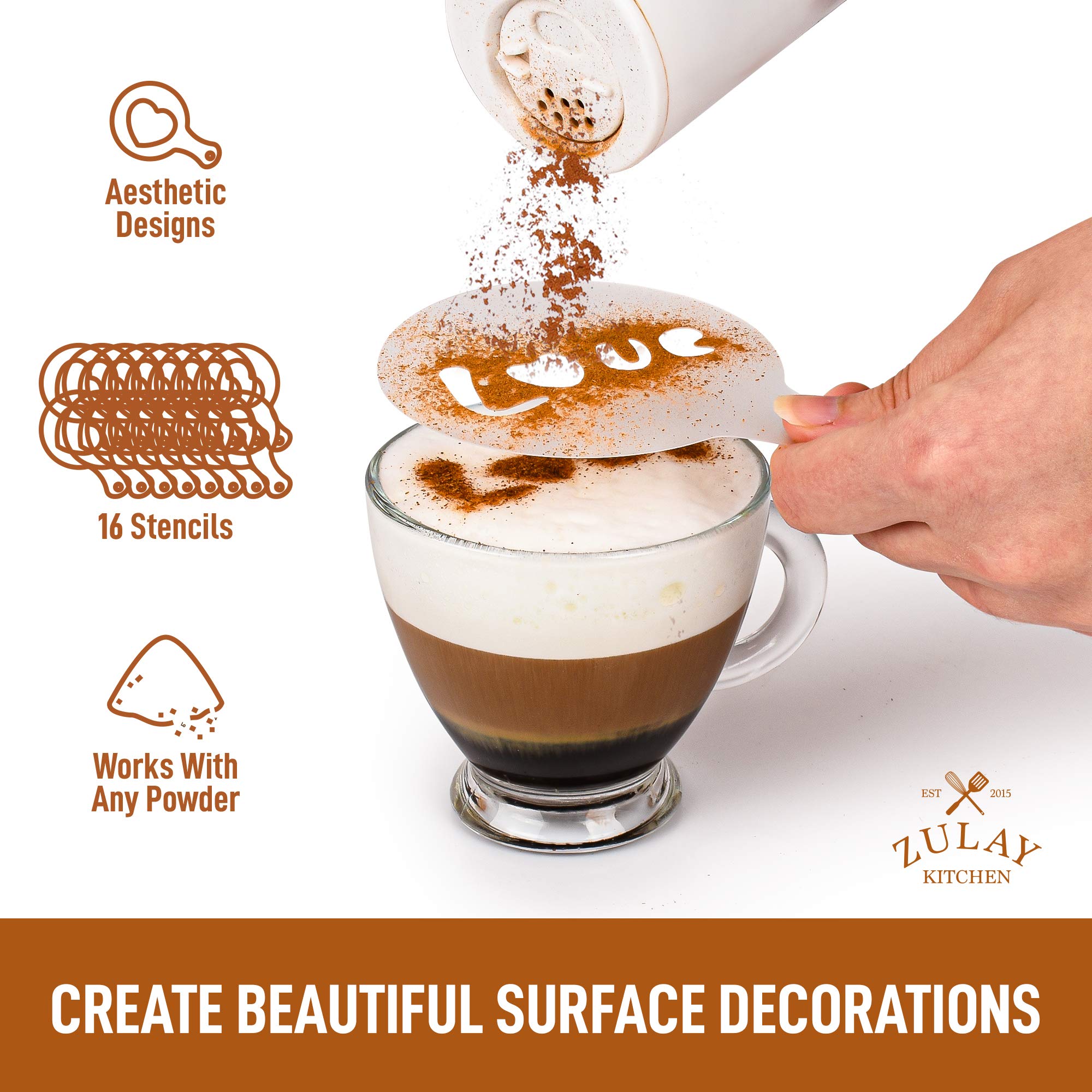 Zulay Kitchen 16-Piece Coffee Stencils Set for Latte Art - Professional Barista Tools for Latte, Cappuccino & Hot Chocolate - Reusable Plastic Decorative Stencils - Perfect for Home & Cafe Coffee Making - Great for Holidays, Parties & Gifts