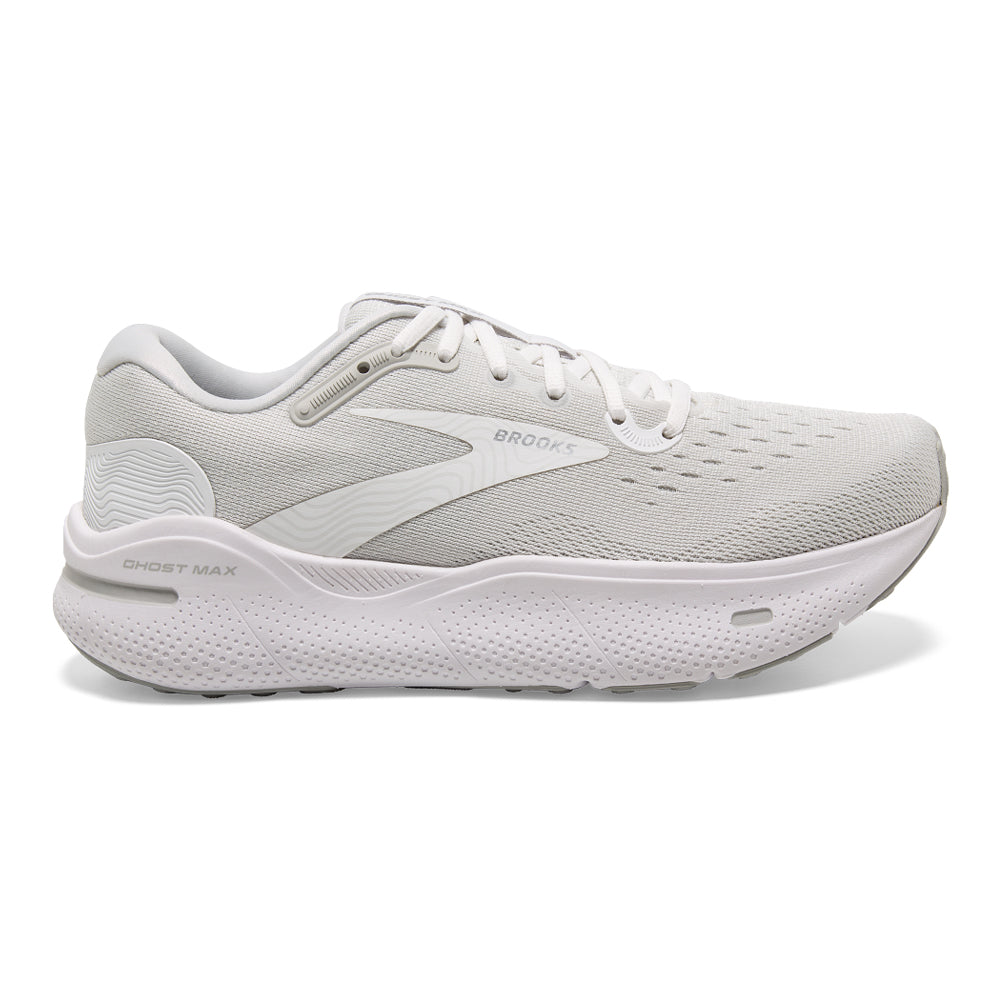 Brooks Ghost Max Running Shoes for Men - White/Oyster/Metallic Silver - Size 8 D Medium - Cushioned Road Running & Training Shoes for Long Distance Comfort
