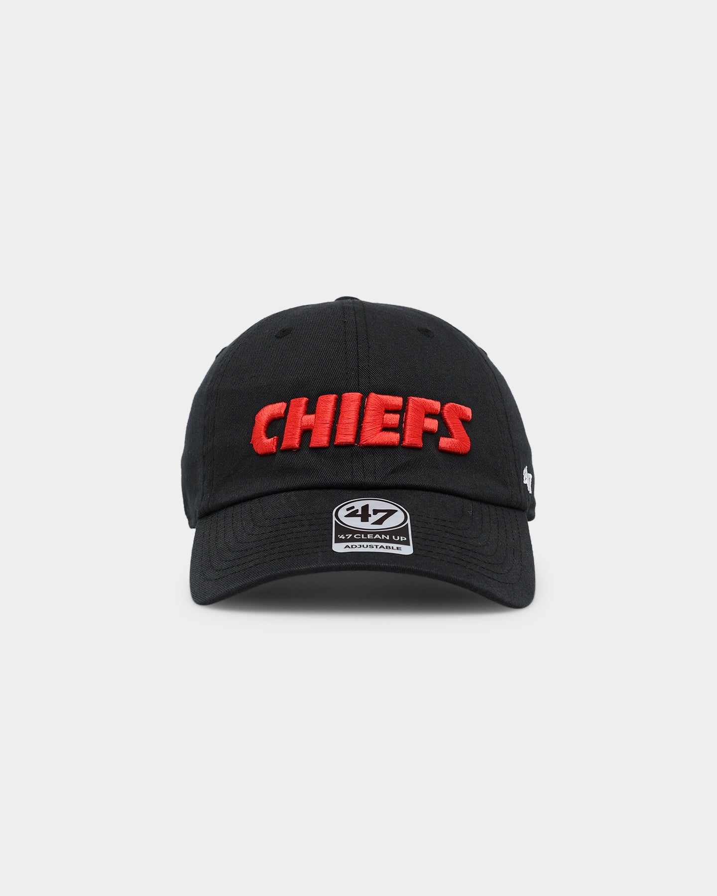 47 Brand Kansas City Chiefs Script 47 Clean Up Strapback Black Hat - Adjustable Snapback Cap for Men & Women - Perfect for Football Games, Tailgating & Sports Fan Gifts
