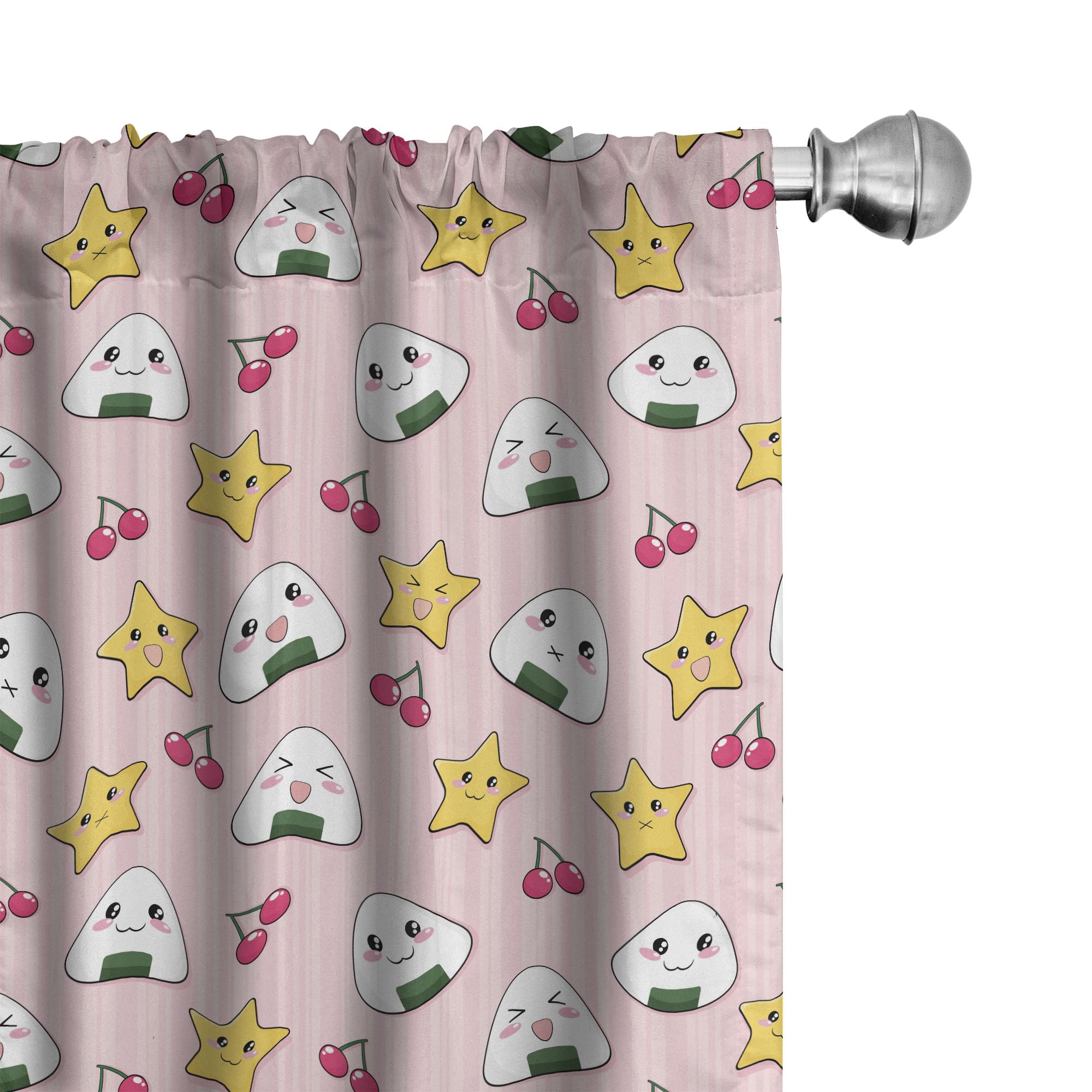 Ambesonne Anime Window Curtains - Japanese Rice Balls, Cherries & Stars Cartoon Print - Lightweight 2-Panel Set with Rod Pocket (28