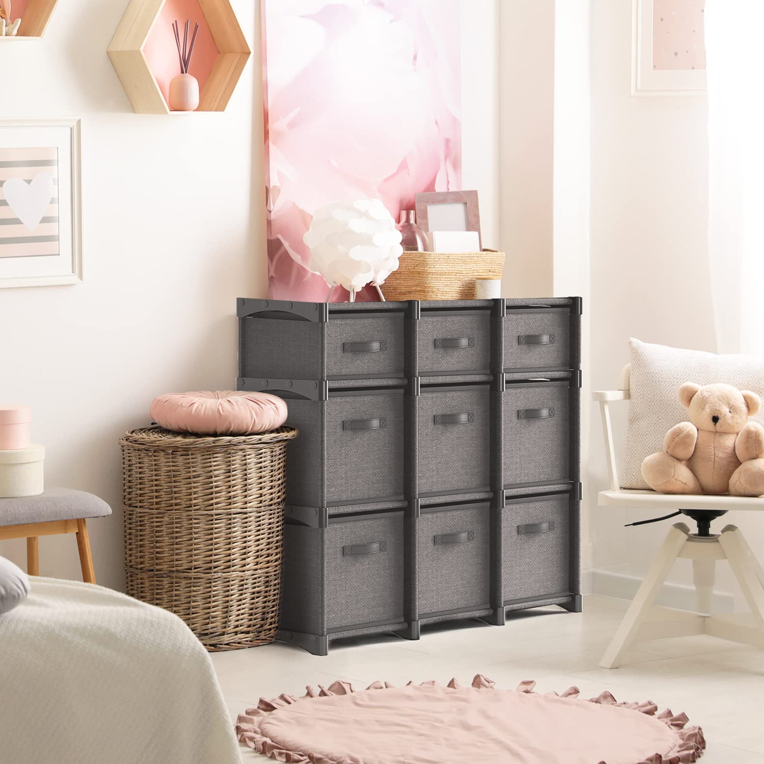 9-Cube Storage Organizer Shelf - Gray Modular DIY Closet Organizer with Sturdy Storage Bins for Bedroom, Playroom, Office & Dorm - Perfect for Toys, Books, Shoes & Home Organization (Black)