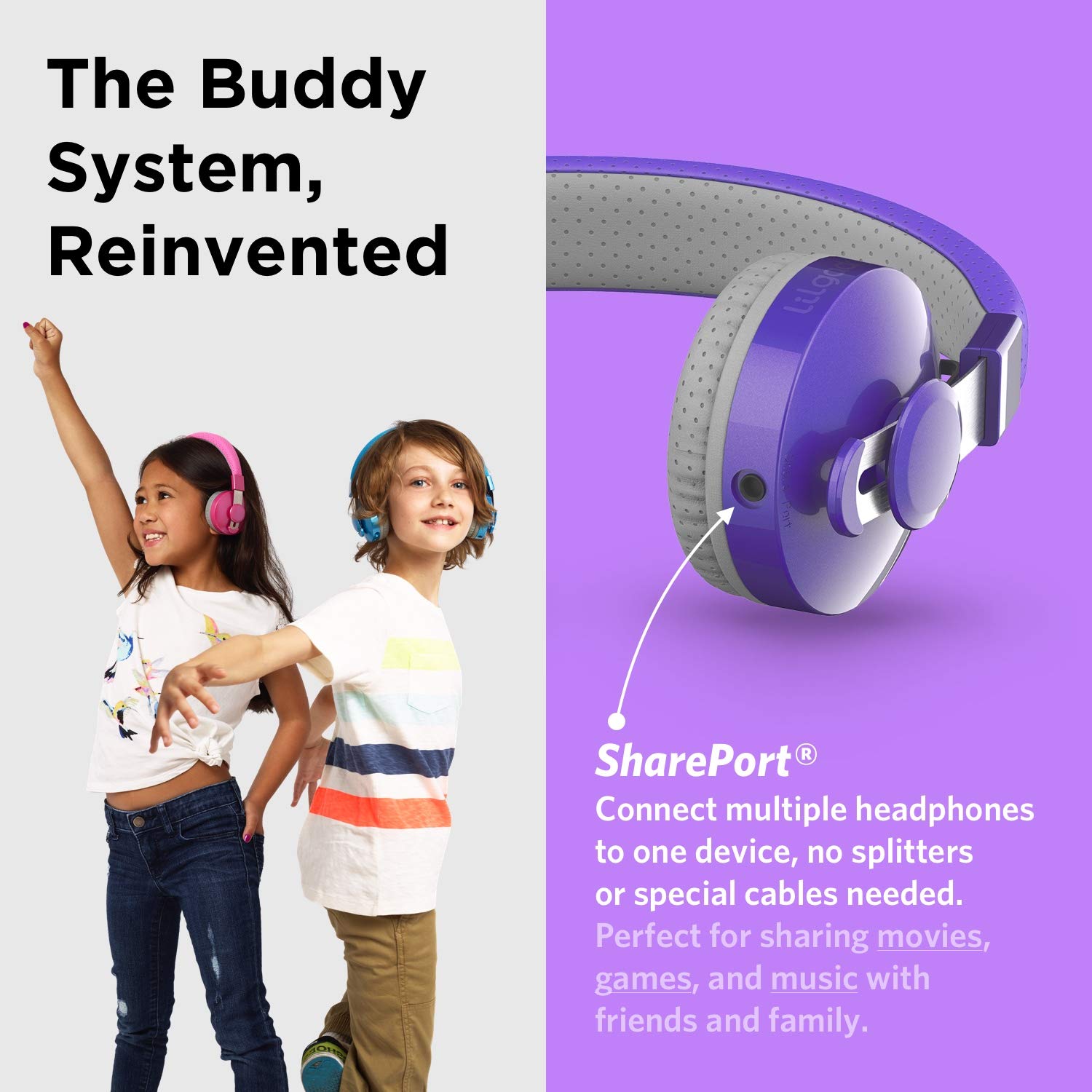 LilGadgets Untangled Pro Wireless Kids Headphones with Microphone - Volume Limited Safe Listening, SharePort Technology, SoftTouch Ear Cushions - Purple Bluetooth Headphones for School, Travel & Home Use