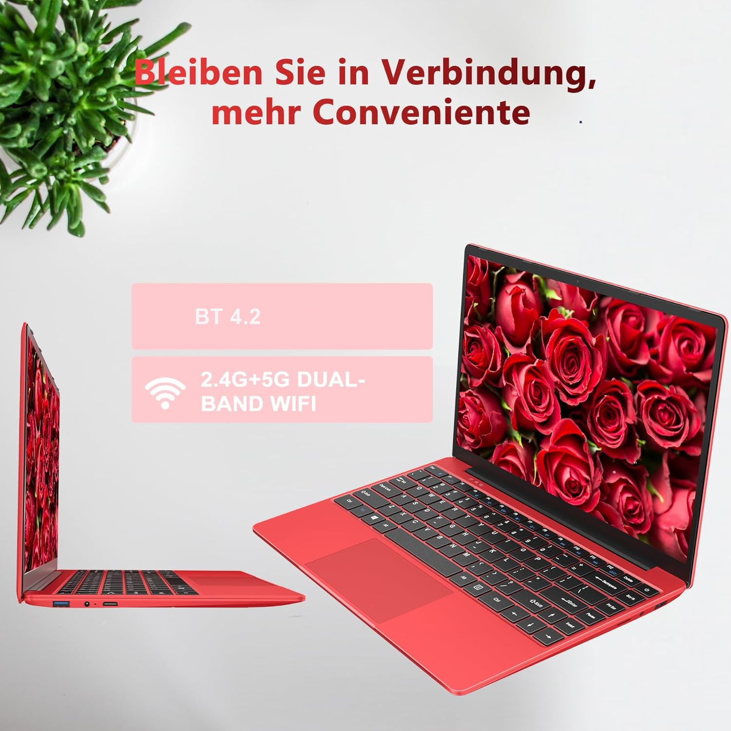 WOZIFAN 14 Inch Laptop - Windows 11, 256GB SSD (Expandable to 1TB), 1080P FHD Display, 2.4G+5G WiFi, Bluetooth, HDMI - Includes Wireless Mouse & German Keyboard Stickers (Red) - Perfect for Work, Study, and Home Entertainment