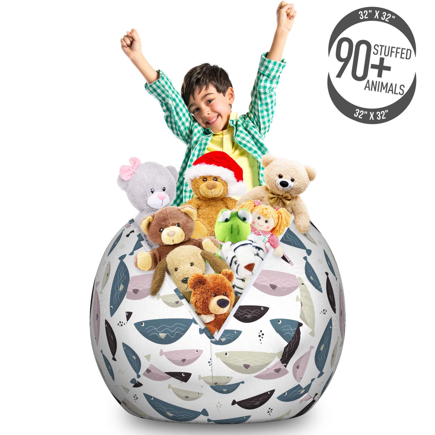 Ambesonne Underwater Toy Storage Bag Chair - Large Washable Organizer for Stuffed Animals with Fun Fish & Wavy Stripes Design - White & Multicolor - Perfect for Kids' Room, Playroom & Nursery Organization