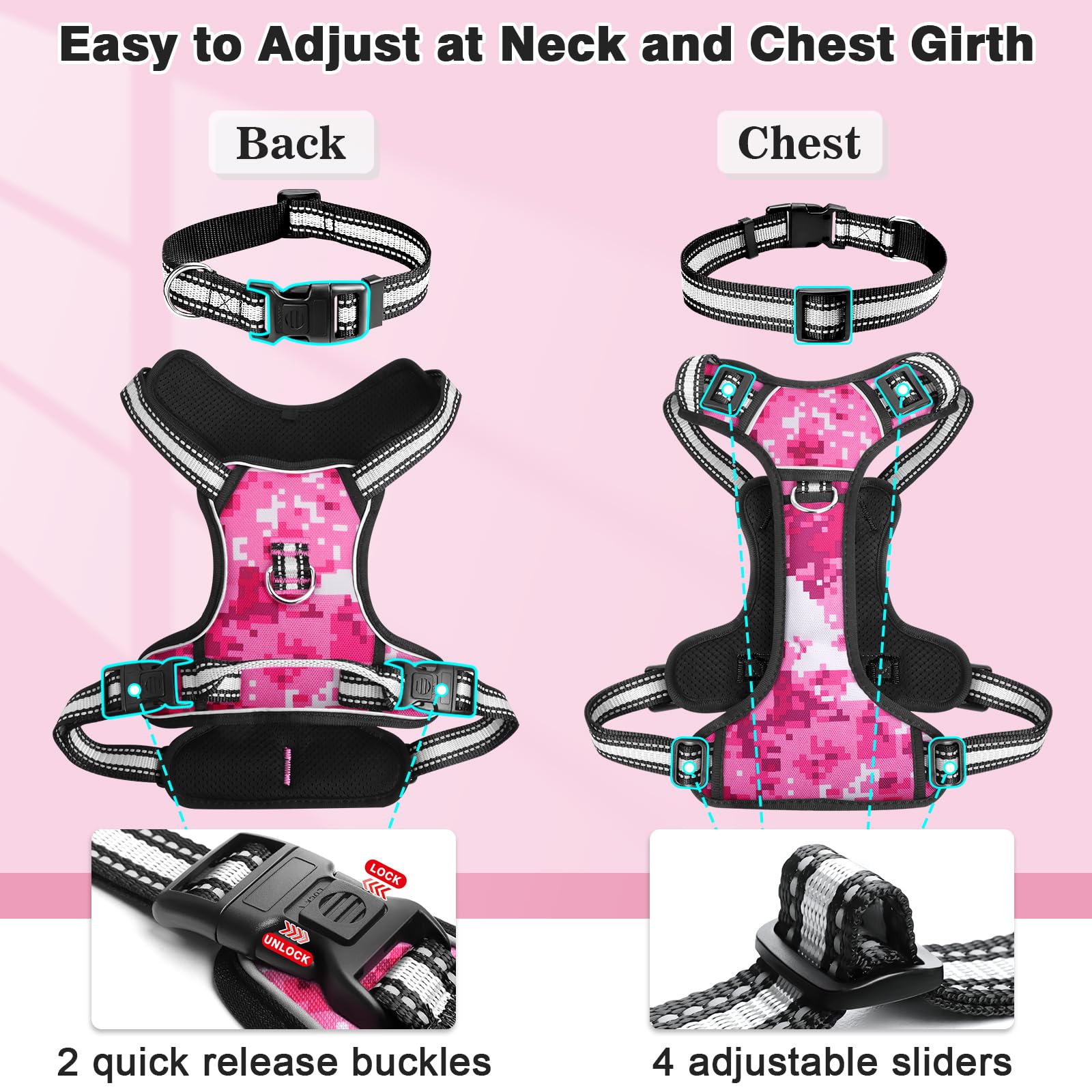 WINSEE No Pull Dog Harness with Adjustable Reflective Oxford Vest - Front & Back Leash Clips for Small Medium Large XL Dogs - Easy Control Handle for Walking, Running & Outdoor Adventures
