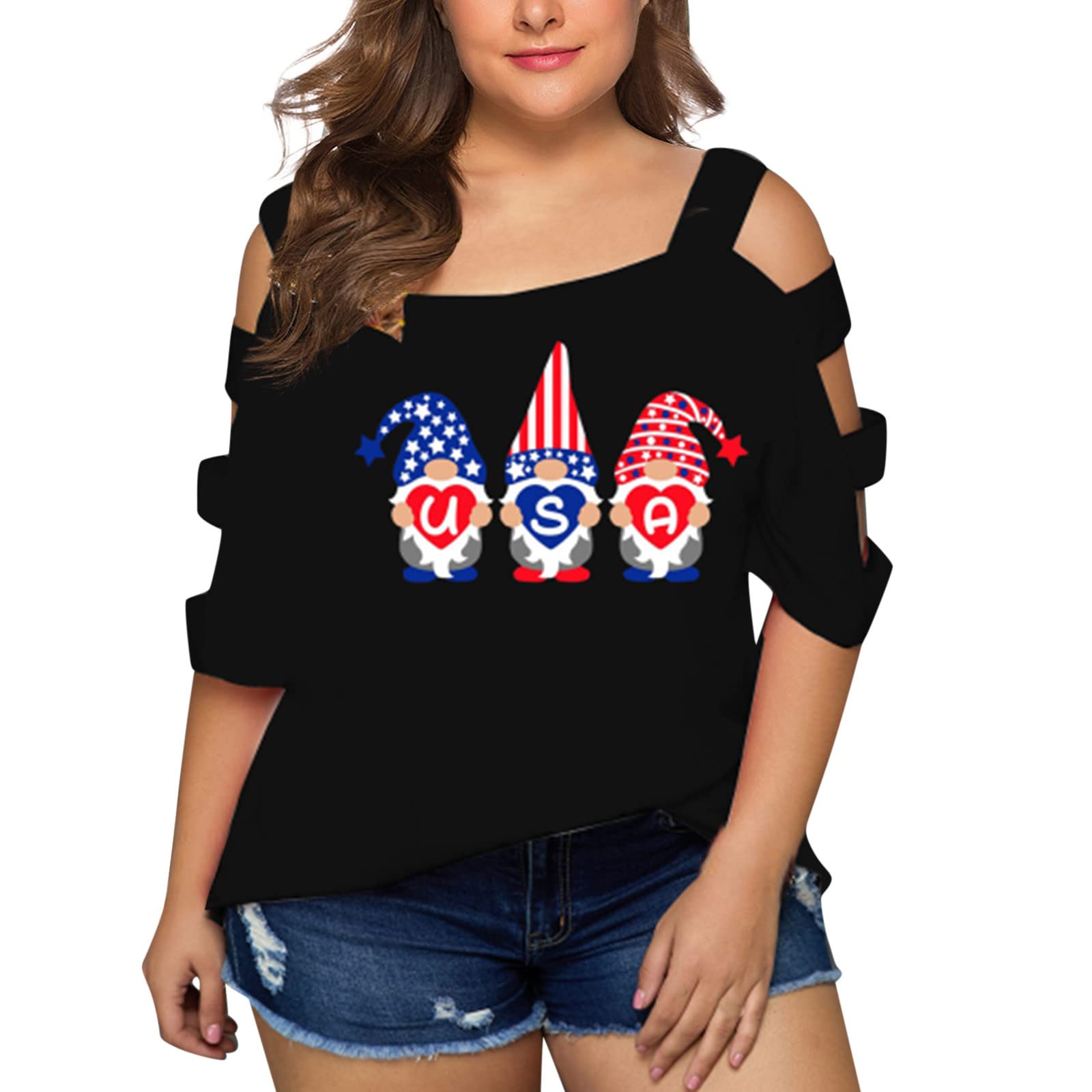 Stylish iOPQO Women's Plus Size Cold Shoulder T-Shirt - Summer Short Sleeve Tunic Top with Stitching Details (Black, XXXXXL) | Perfect for Casual Outings, Beach Wear & Summer Fashion