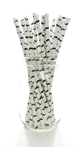 Mustache Straws (25 Pack) - Black & White Moustache Pattern Paper Drinking Straws for Parties, Birthday, Wedding & Themed Events - Fun Little Man Mustache Party Supplies