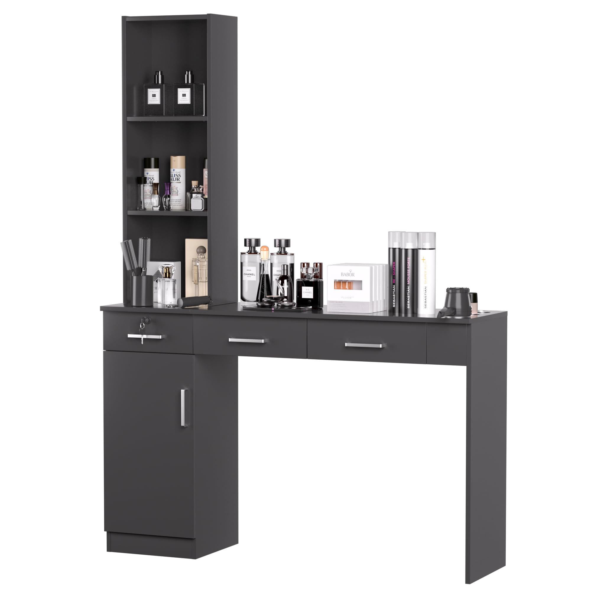 Professional Barber Salon Work Station - Hair Stylist Organizer Cabinet with Storage for Home & Beauty Salon Equipment | Durable Barbershop Furniture in Black | Perfect for Small Spaces & Mobile Stylists