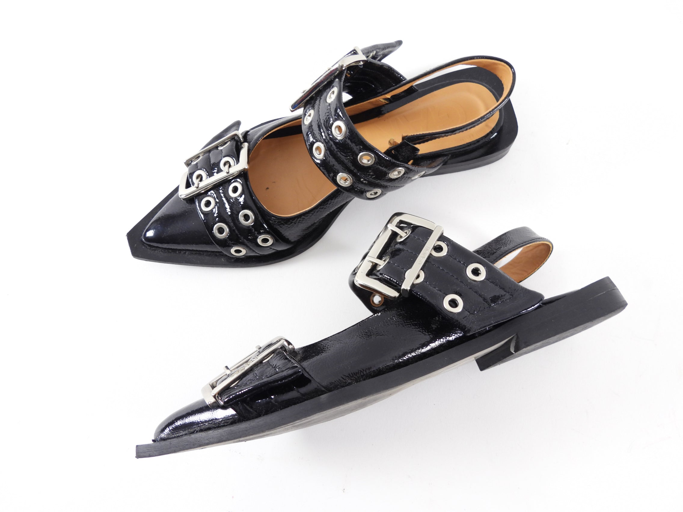Ganni Black Patent Leather Buckle Slingback Flat Shoes Size 37 | Women's Comfortable Dress Flats for Work, Party & Everyday Wear