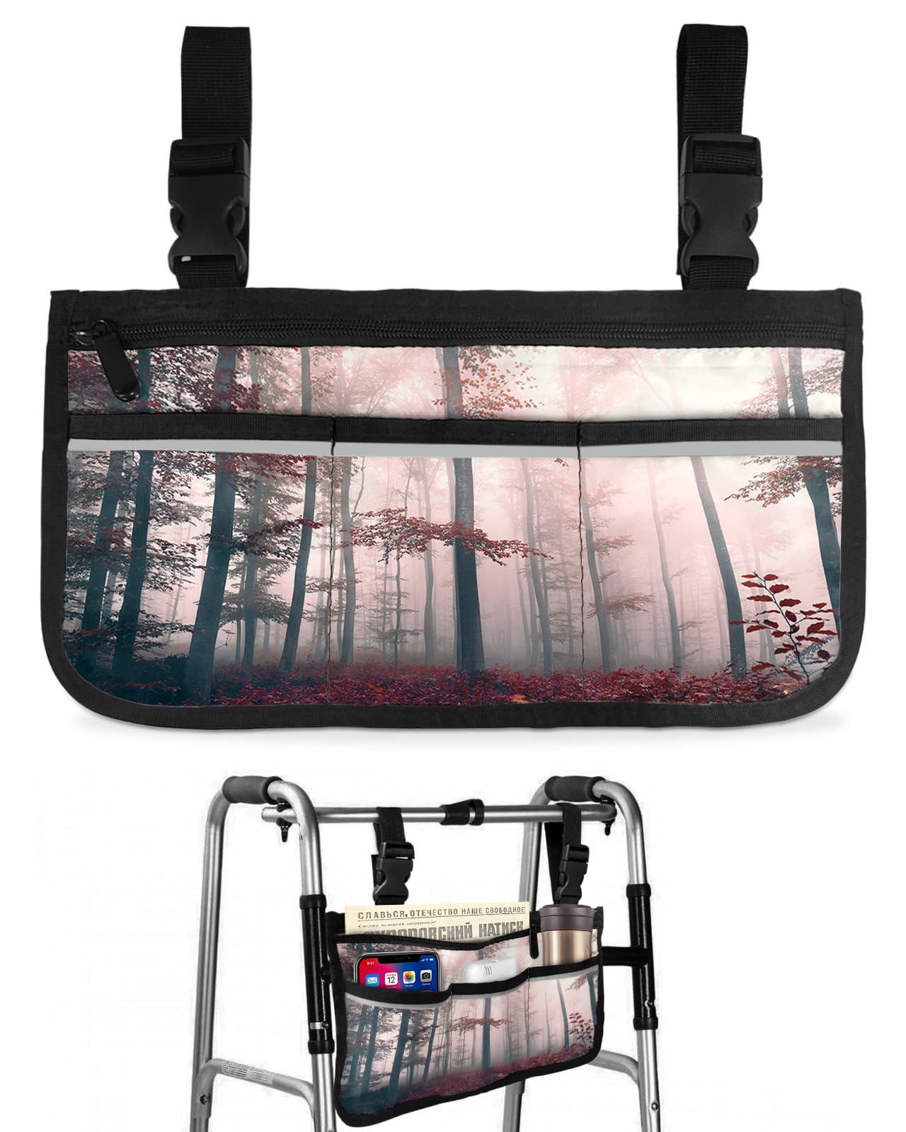 Red Fall Leaves & Autumn Wild Trees Wheelchair Side Storage Bag with Cup Holder & Reflective Strip - Durable Armrest Pouch Organizer for Wheelchairs, Walkers & Rollators - Perfect for Outdoor Activities, Daily Commuting & Mobility Assistance