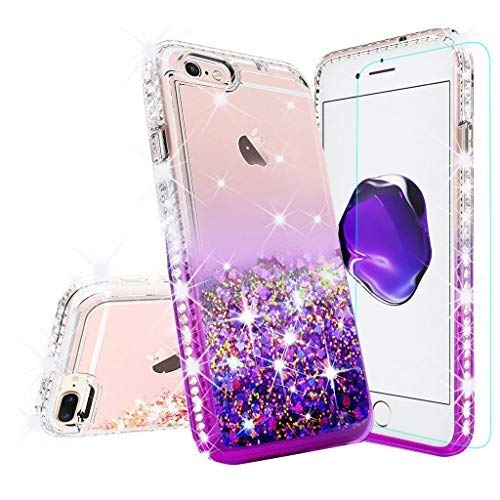 Premium Liquid Glitter Bling Quicksand Shockproof Case for iPhone 8 Plus/7 Plus - Clear Purple with Tempered Glass | Trendy Protective Phone Cover for Women & Girls | Perfect for Everyday Use, Parties & Gift Giving