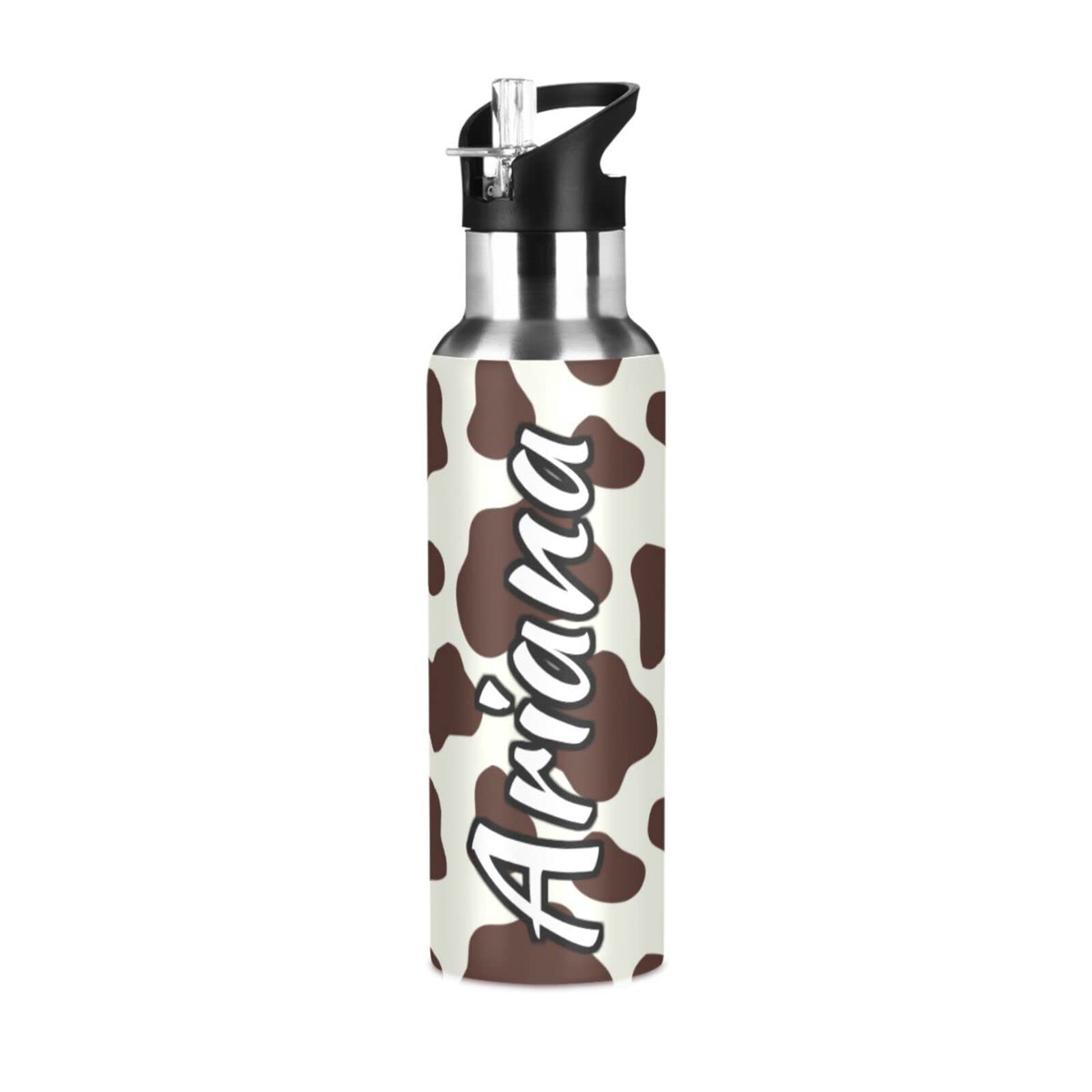 Custom 33oz Insulated Stainless Steel Water Bottle with Straw Lid - Brown & White Cow Print Design - Personalized Sports Bottle for Gym, Office & Outdoor Activities