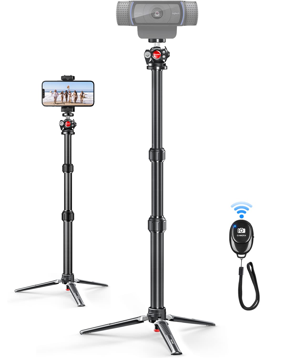 Nycetek Adjustable Webcam Tripod Stand for Logitech C920/Brio - Aluminum Desk Mount with Phone Holder & Remote for Streaming/Video Calls