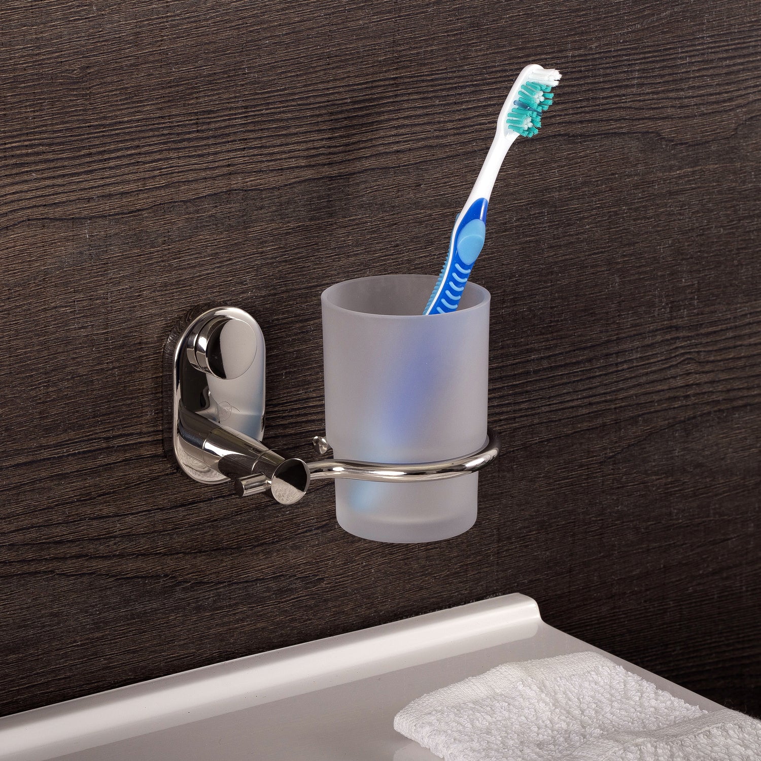 DAX Stainless Steel Wall Mount Toothbrush Holder with Glass Cup - Satin Finish Bathroom Organizer (4 5/16 x 3 3/4 x 4 1/8 Inches) - Perfect for Modern Bathrooms, Vanities & Small Space Organization (Model DAX G0206 S)
