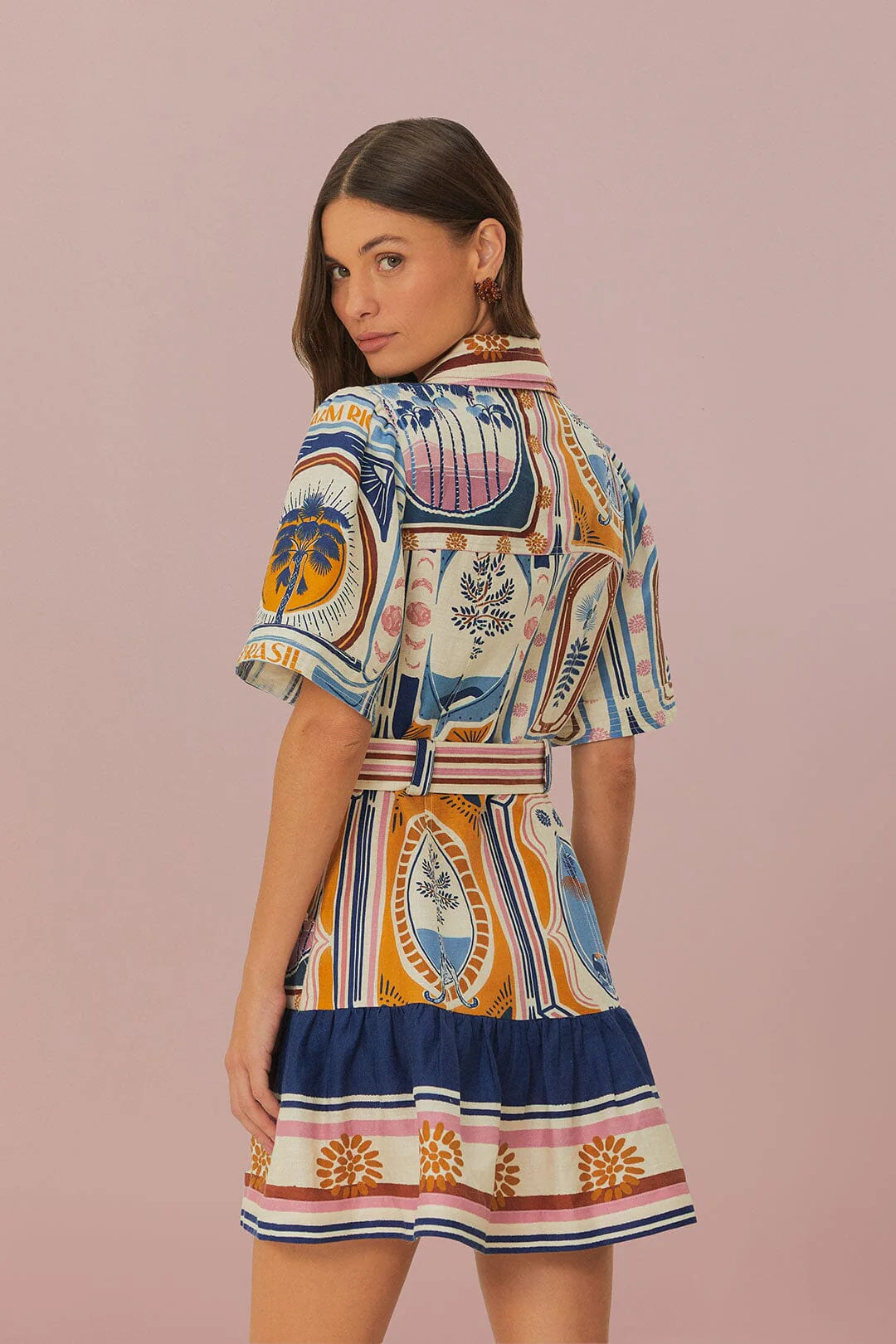 Farm Rio Cerrado Stamps Mini Dress - Floral Print Summer Dress for Women, Boho Chic Beach Dress, Perfect for Vacations, Parties & Outdoor Events