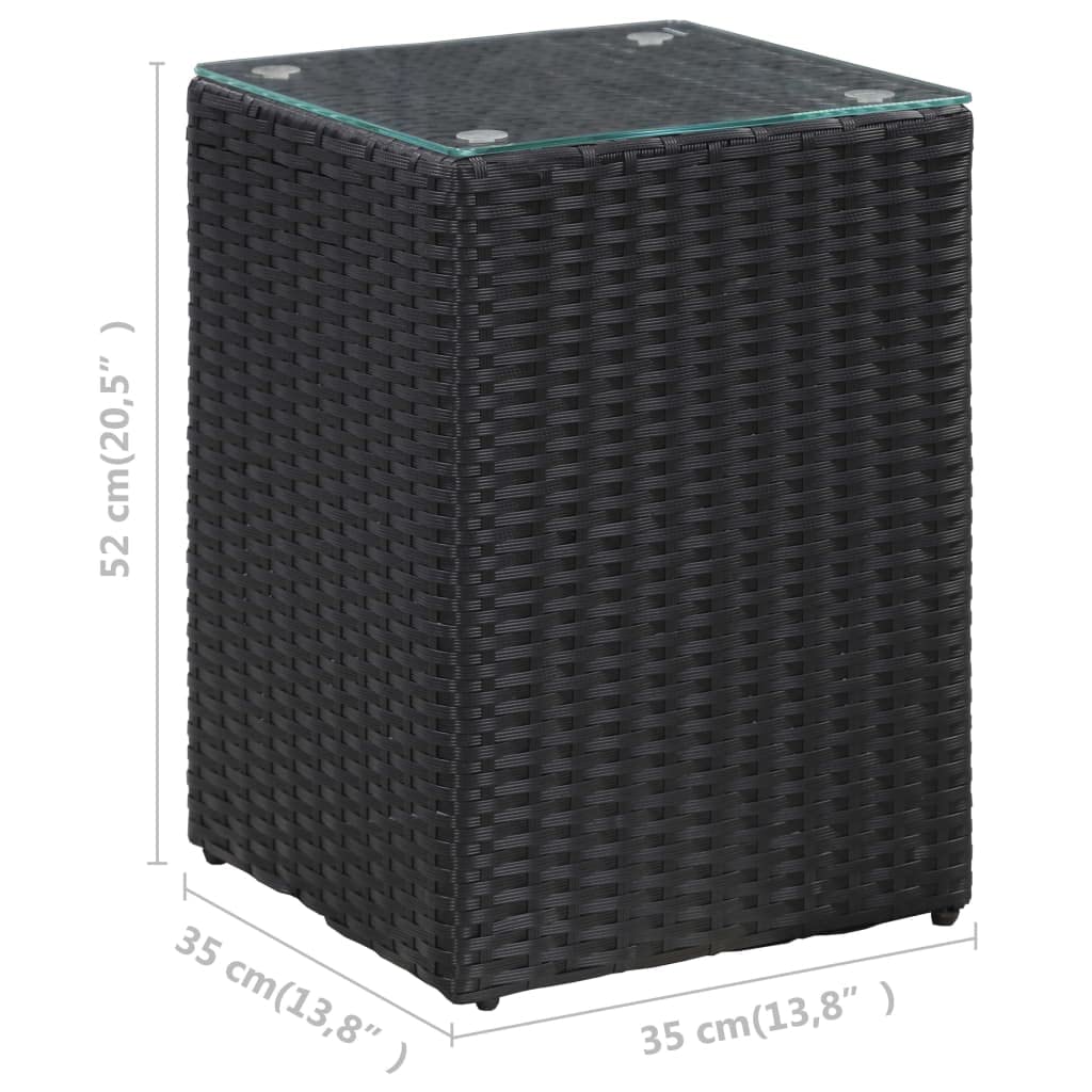 SKM Modern Side Table with Glass Top - Black Poly Rattan Accent Table 13.8