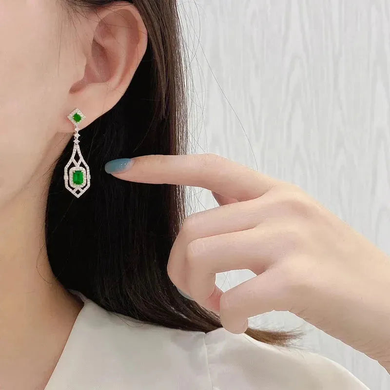 18K White Gold Emerald and Diamond Earrings for Women - Luxury Elegant Gemstone Jewelry Gift for Birthday, Anniversary, Wedding & Senior Banquet