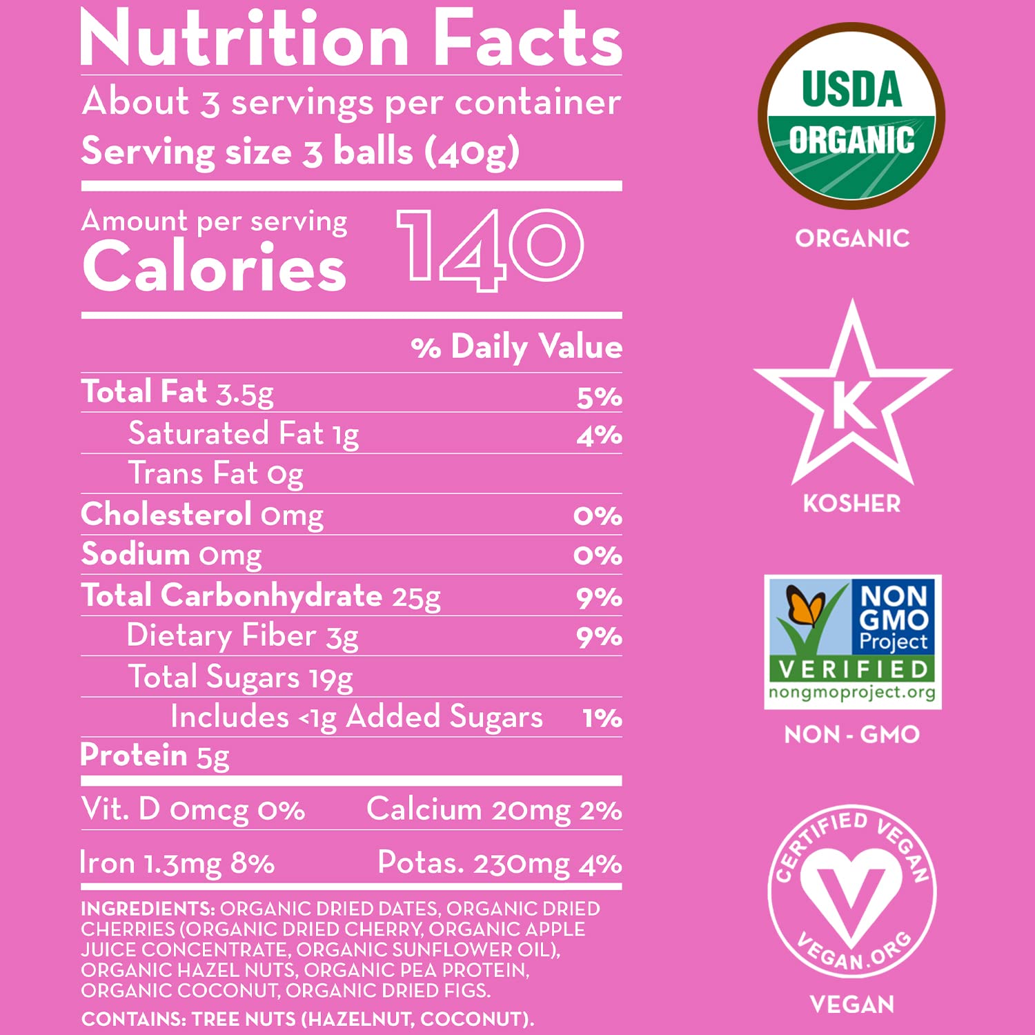 Organic Sunny Fruit Cherry Hazelnut Energy Balls - 6 Pack (9 Balls per Bag) | 100% Raw Vegan Gluten-Free Snacks | No Added Sugar Kosher Certified | Perfect for Hiking, Office Snacks & Healthy On-the-Go Nutrition
